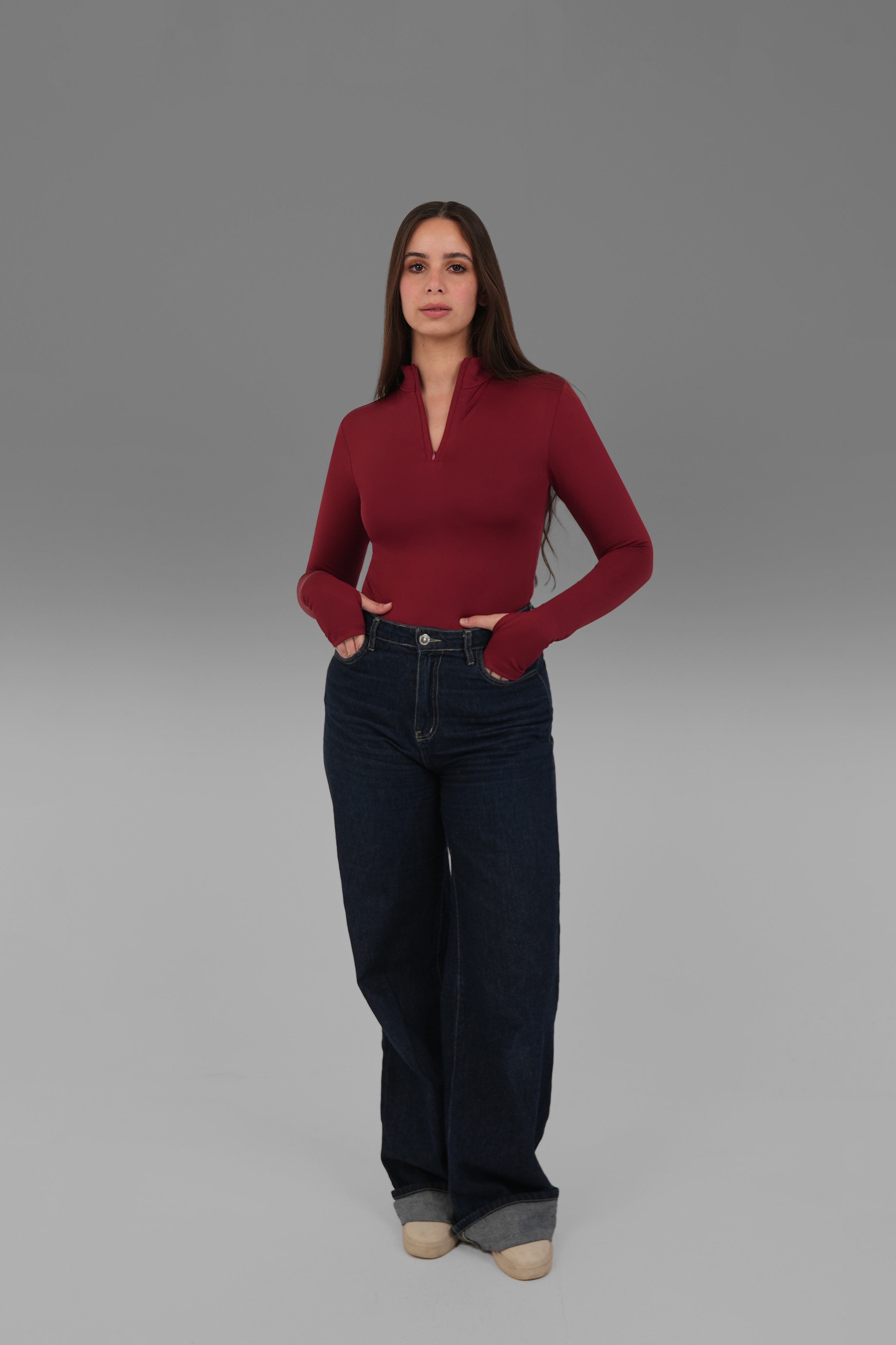Women’s Half-Zip High-Neck Long Sleeve Top – Lightweight Soft Stretch Basic, Made in Egypt
