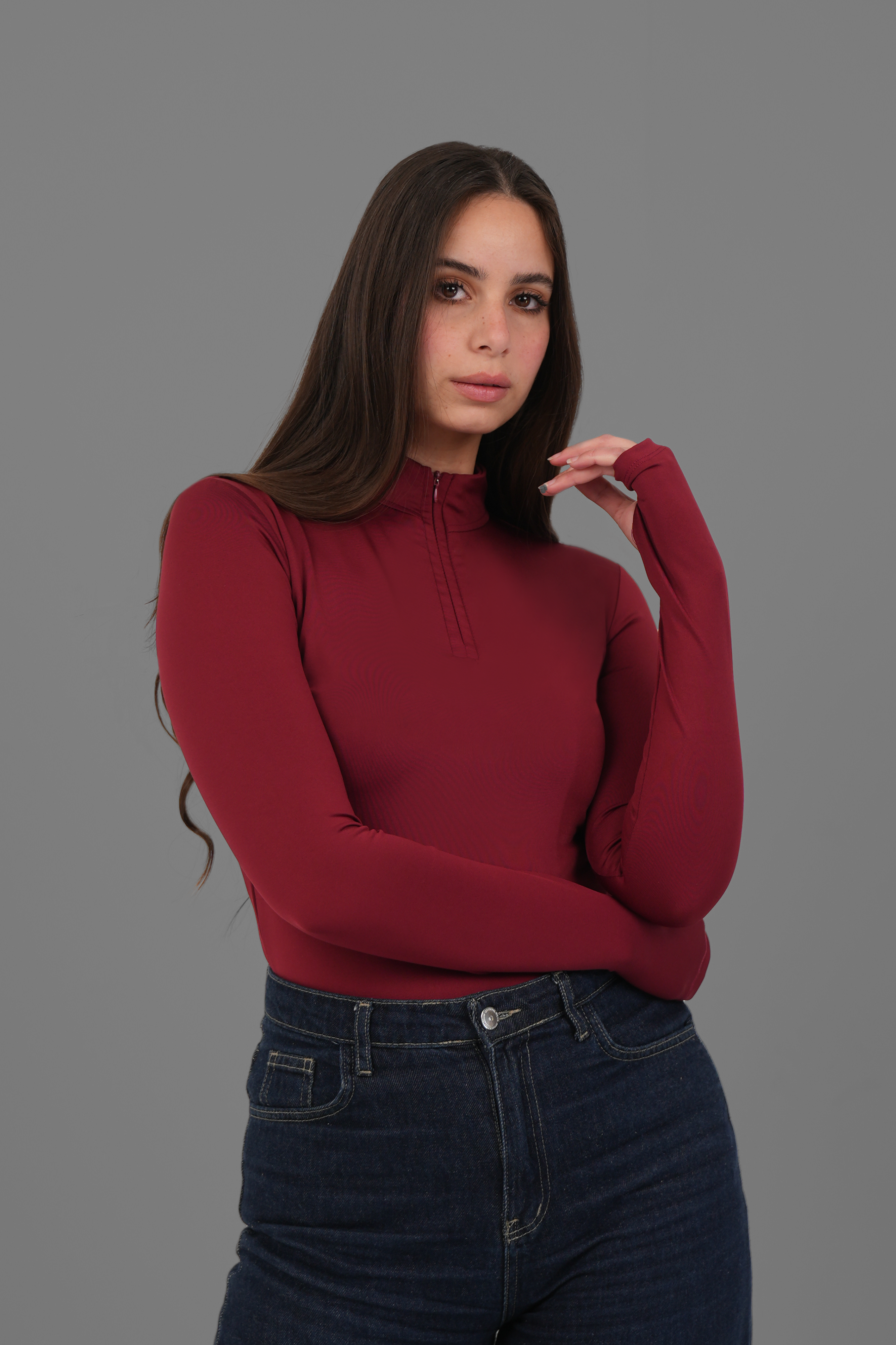 Women’s Half-Zip High-Neck Long Sleeve Top – Lightweight Soft Stretch Basic, Made in Egypt