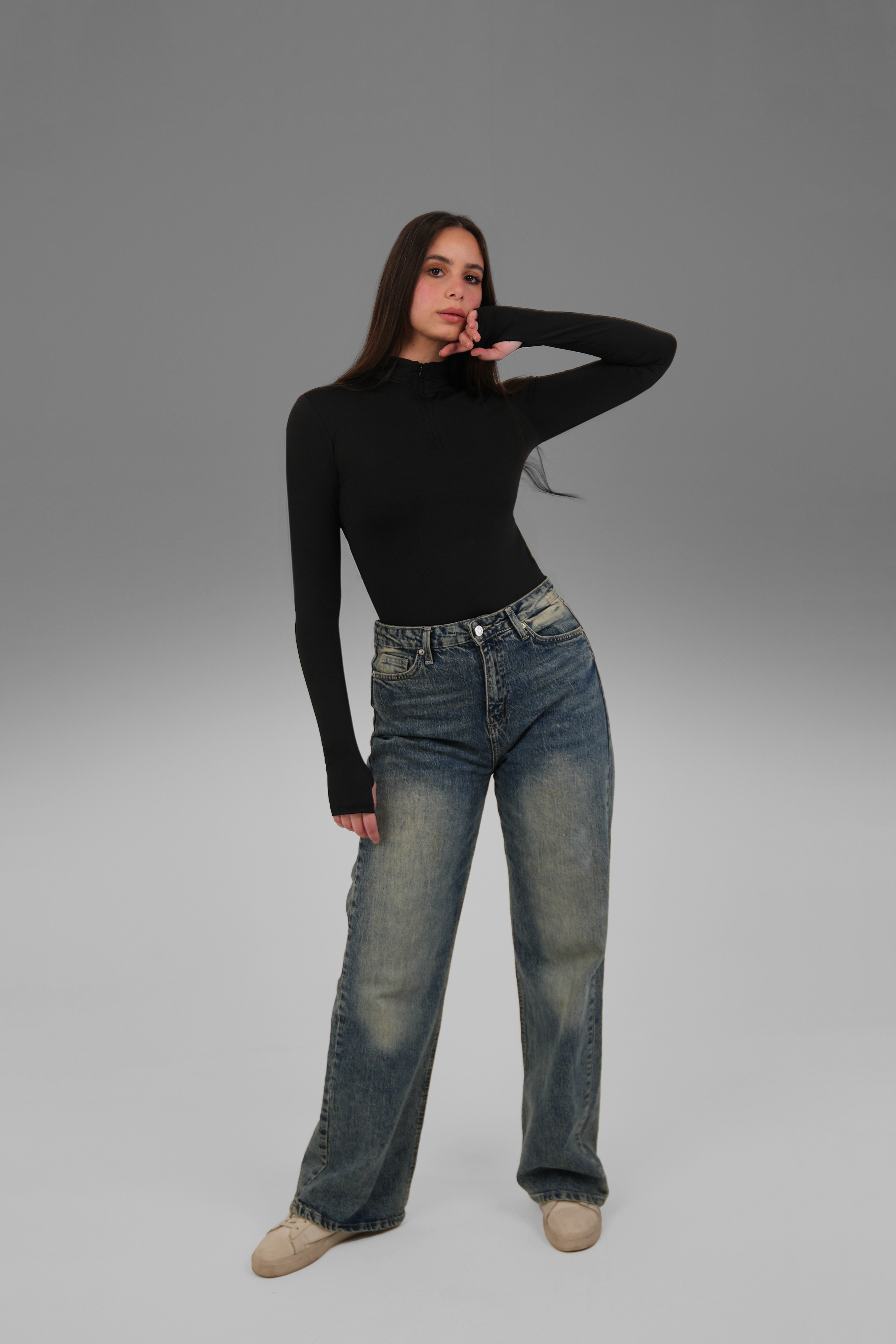 Women’s Half-Zip High-Neck Long Sleeve Top – Lightweight Soft Stretch Basic, Made in Egypt