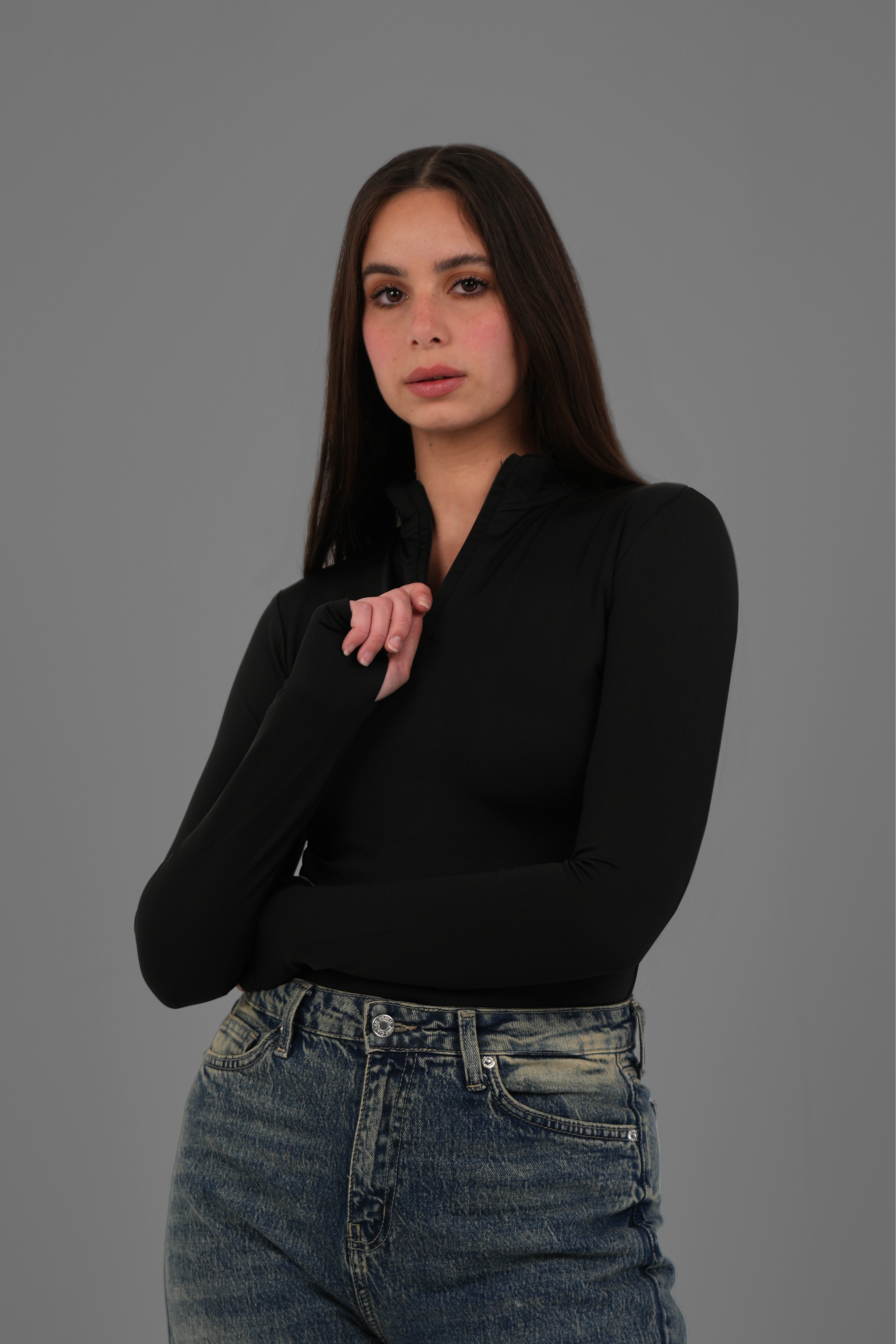 Women’s Half-Zip High-Neck Long Sleeve Top – Lightweight Soft Stretch Basic, Made in Egypt