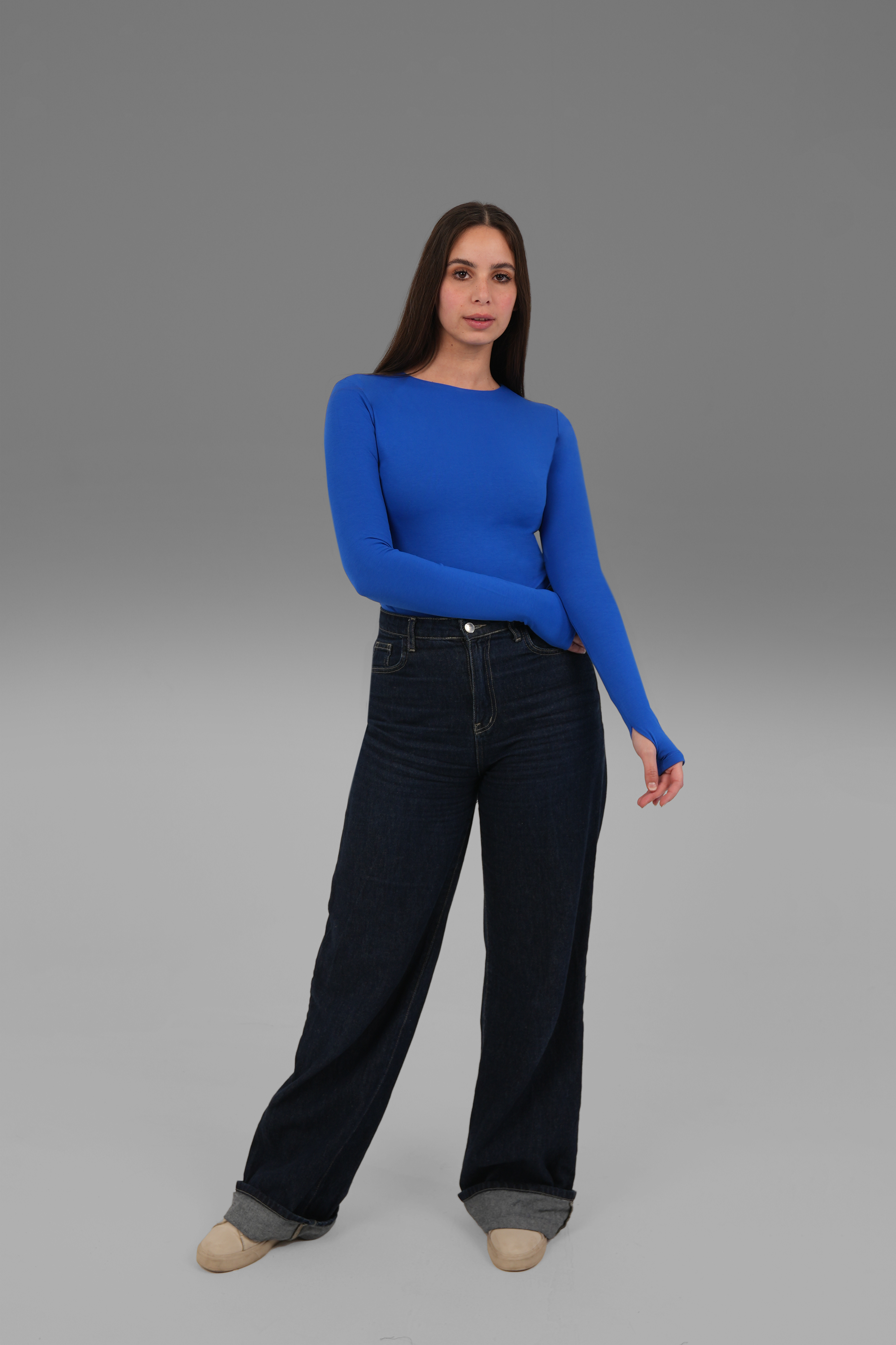 Women’s Blue Cotton Long Sleeve Top with Thumbhole – Lightweight Soft Stretch Basic, Made in Egypt