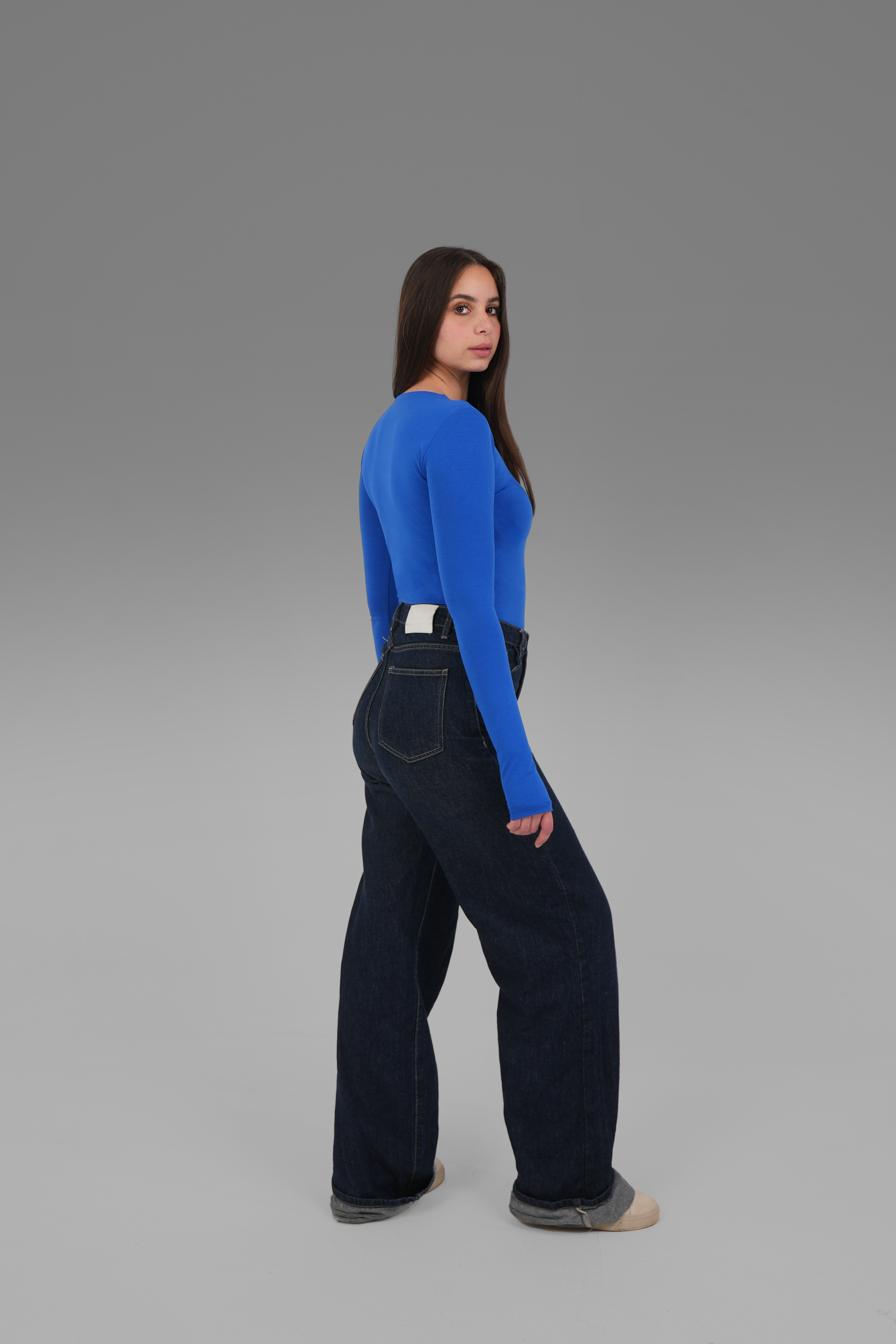 Women’s Blue Cotton Long Sleeve Top with Thumbhole – Lightweight Soft Stretch Basic, Made in Egypt