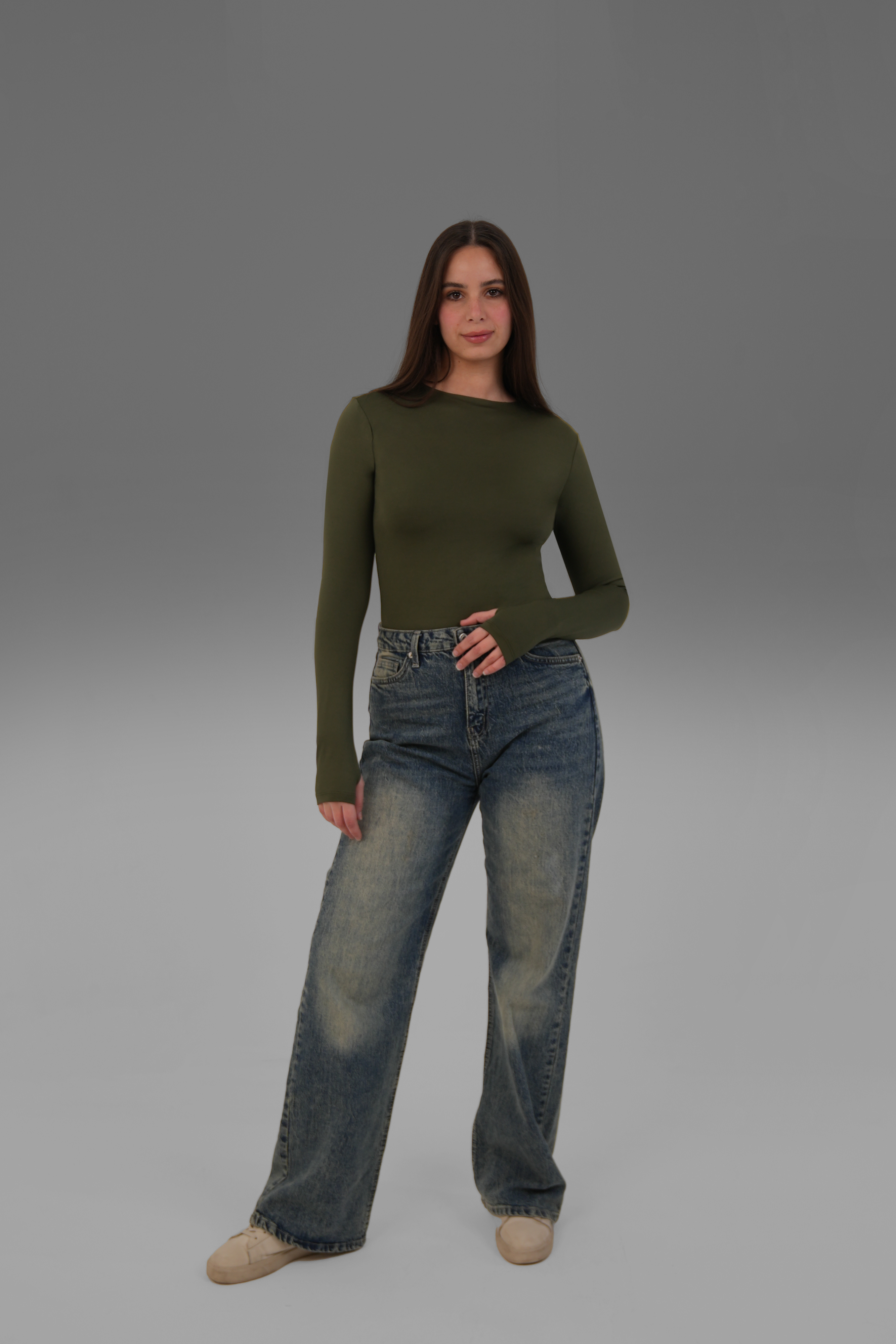 Women’s Olive Crewneck Long Sleeve Top with Thumbhole – Lightweight Soft Stretch Basic, Made in Egypt