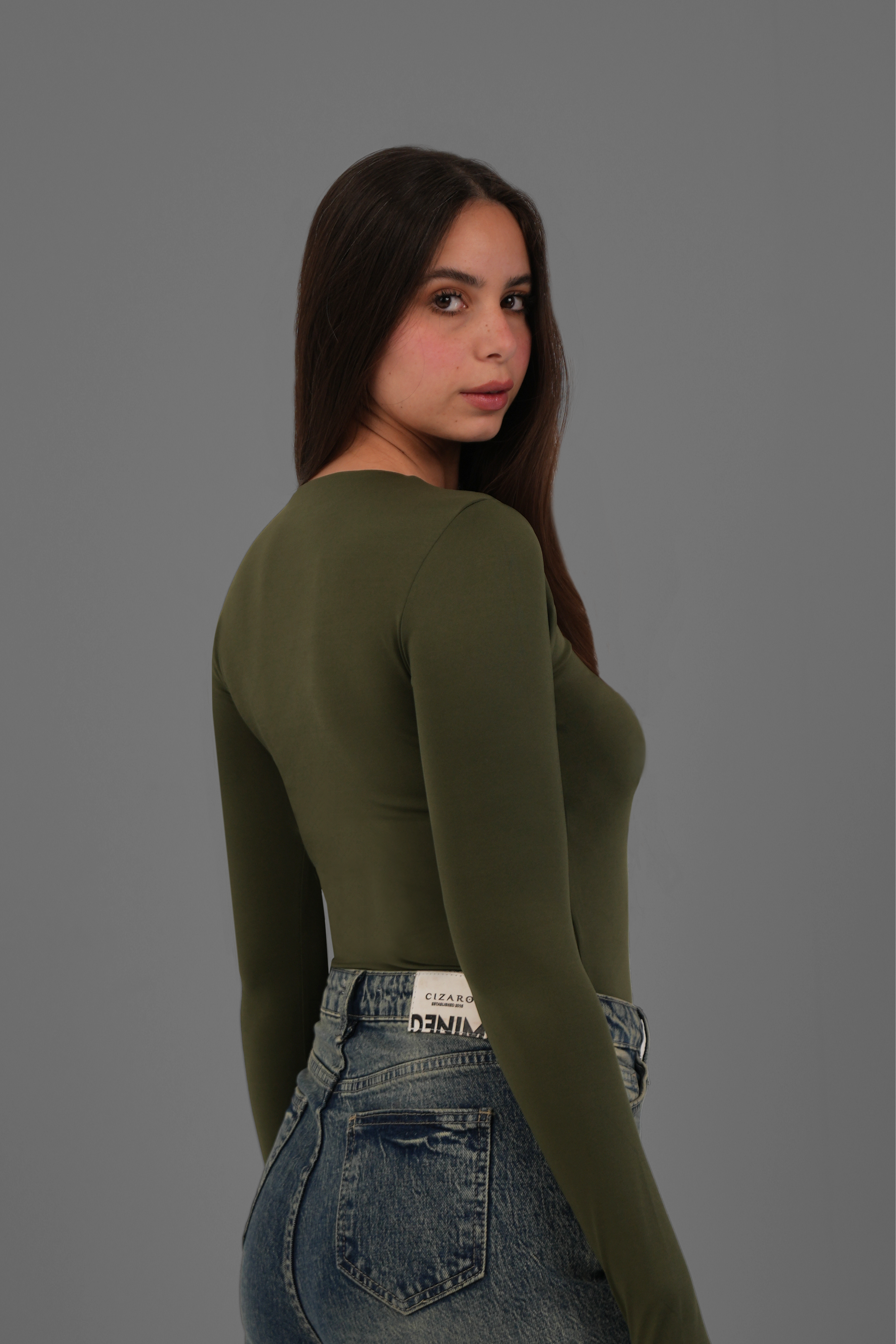 Women’s Olive Crewneck Long Sleeve Top with Thumbhole – Lightweight Soft Stretch Basic, Made in Egypt