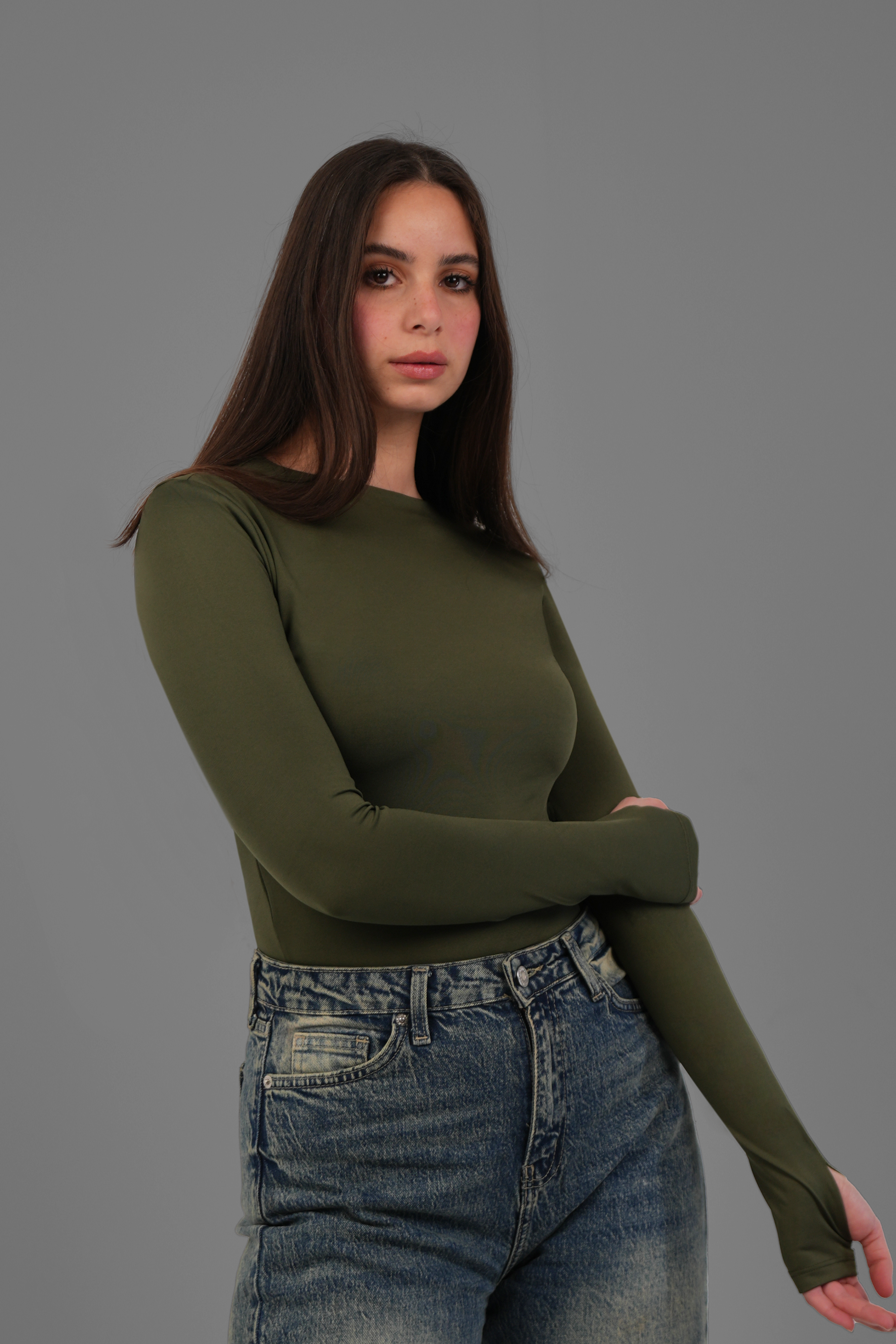 Women’s Olive Crewneck Long Sleeve Top with Thumbhole – Lightweight Soft Stretch Basic, Made in Egypt
