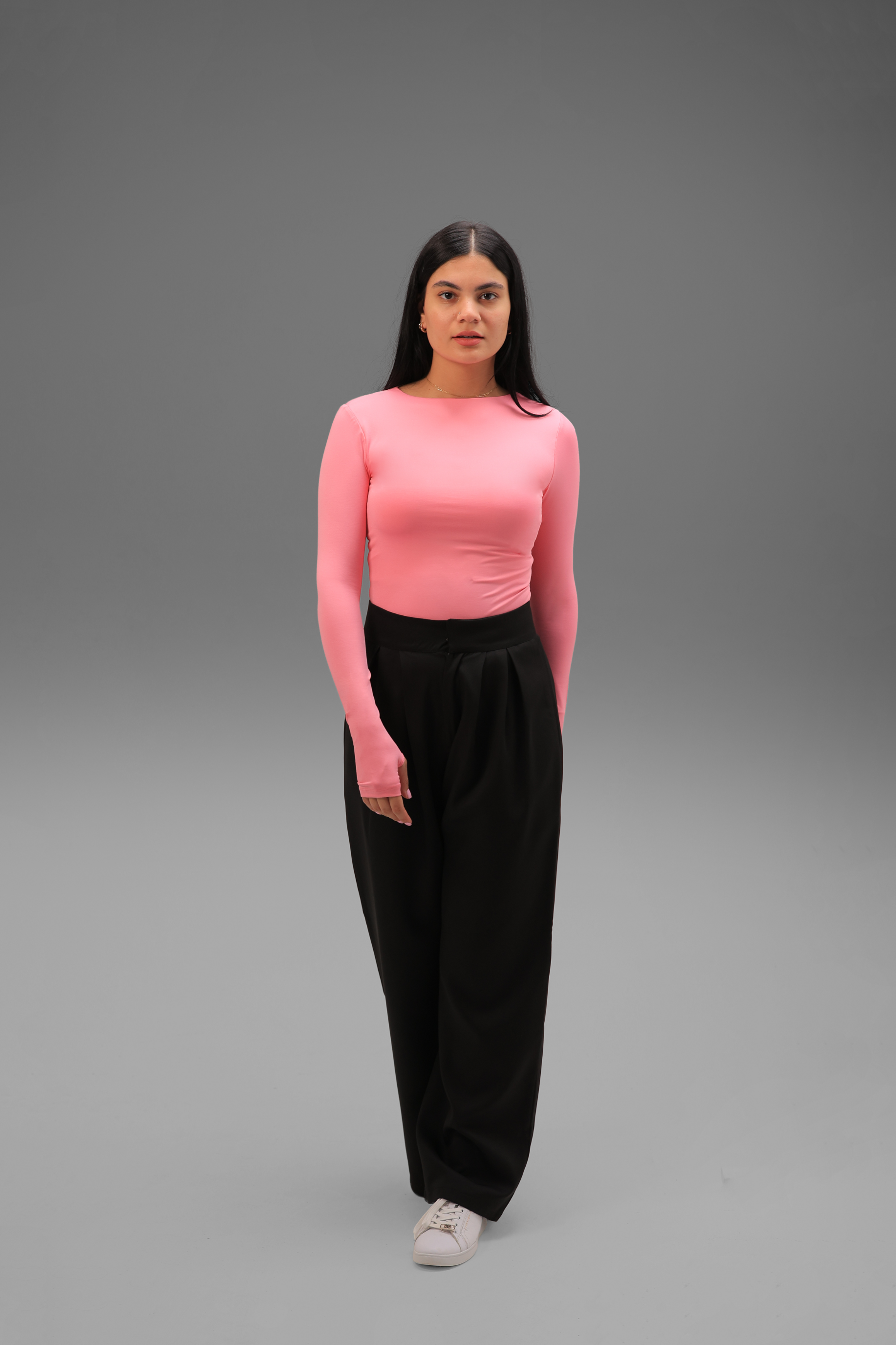 Women’s Pink Crewneck Long Sleeve Top with Thumbhole – Lightweight Soft Stretch Basic, Made in Egypt