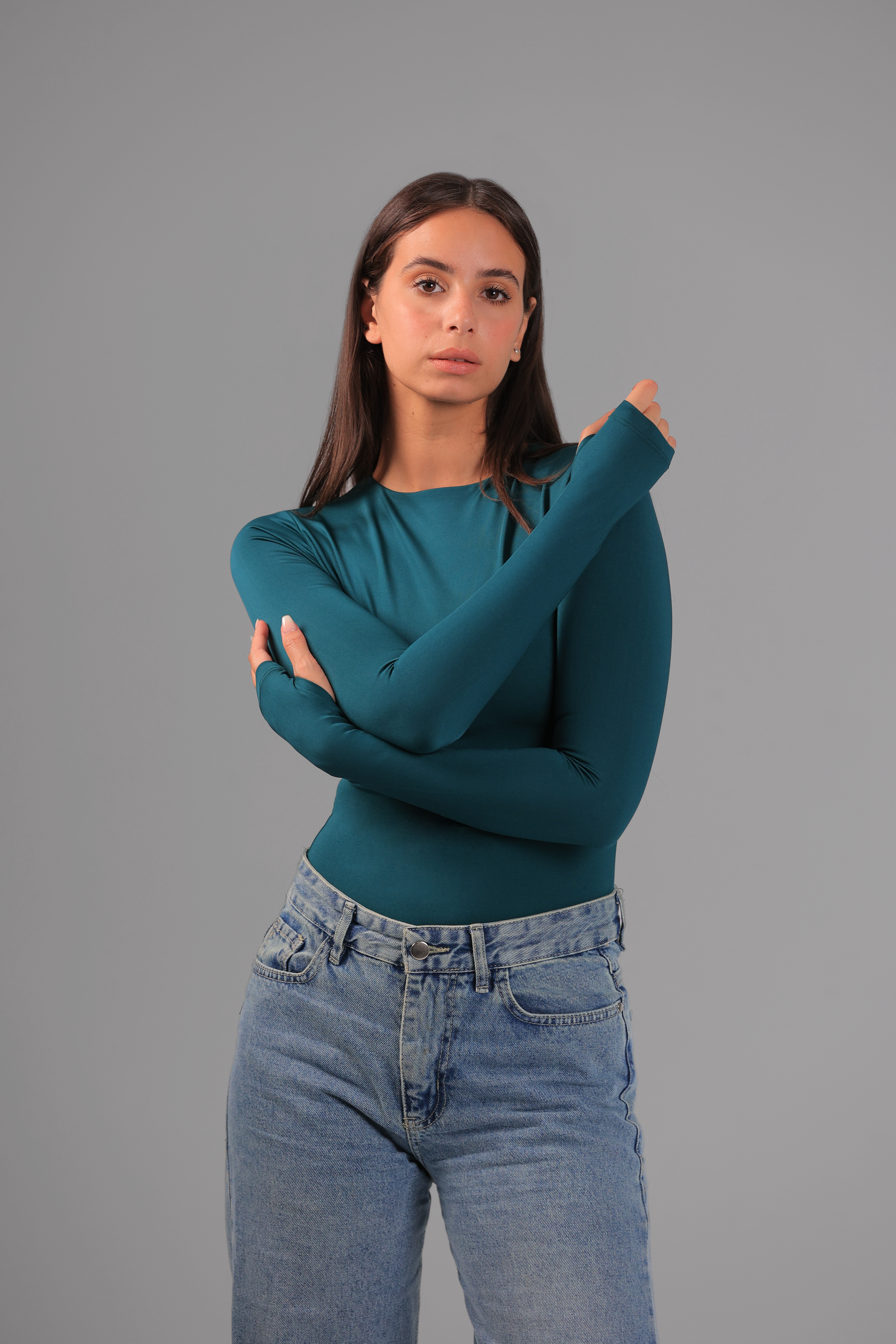 Women’s Teal Crewneck Long Sleeve Top with Thumbhole – Lightweight Soft Stretch Basic, Made in Egypt