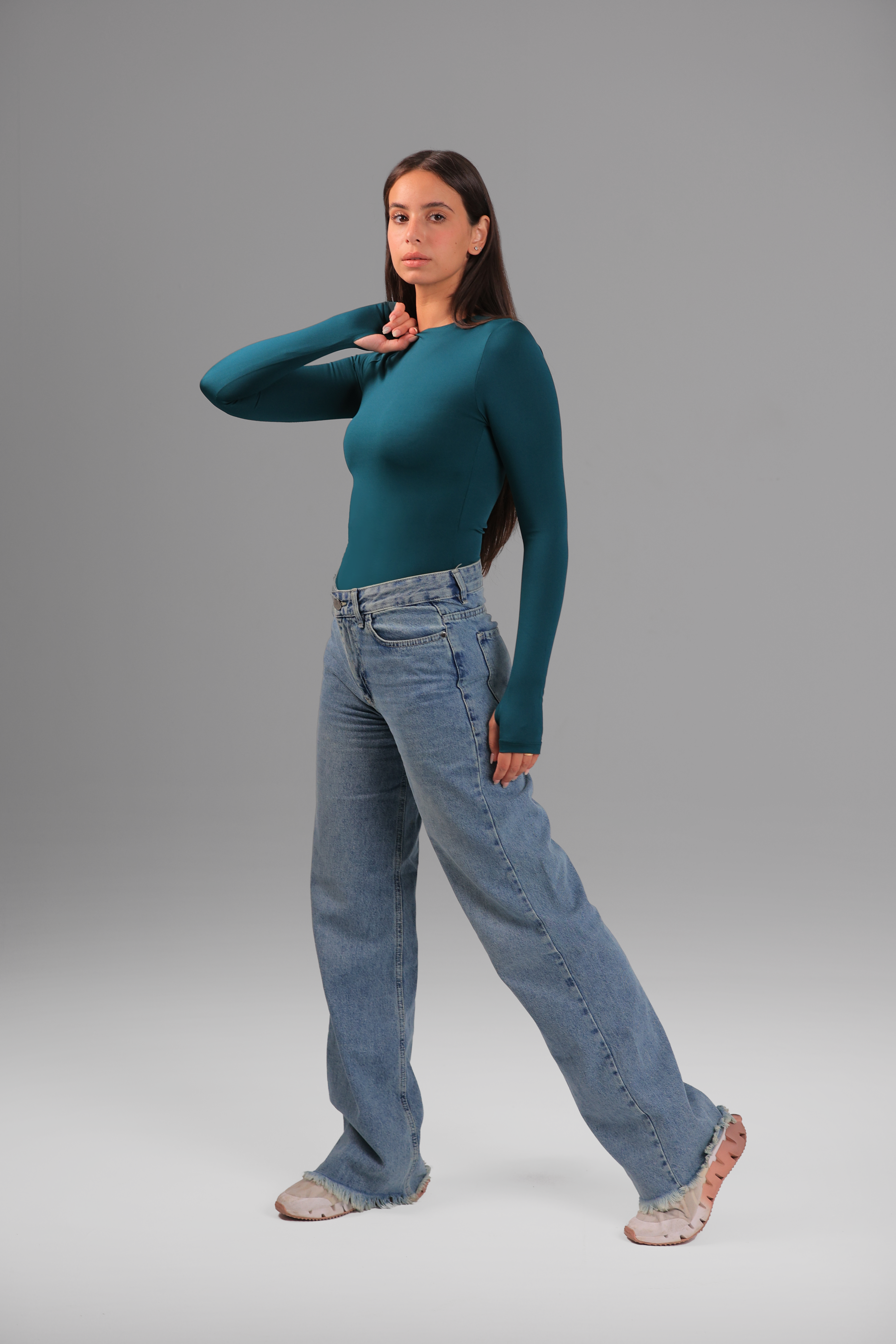 Women’s Teal Crewneck Long Sleeve Top with Thumbhole – Lightweight Soft Stretch Basic, Made in Egypt