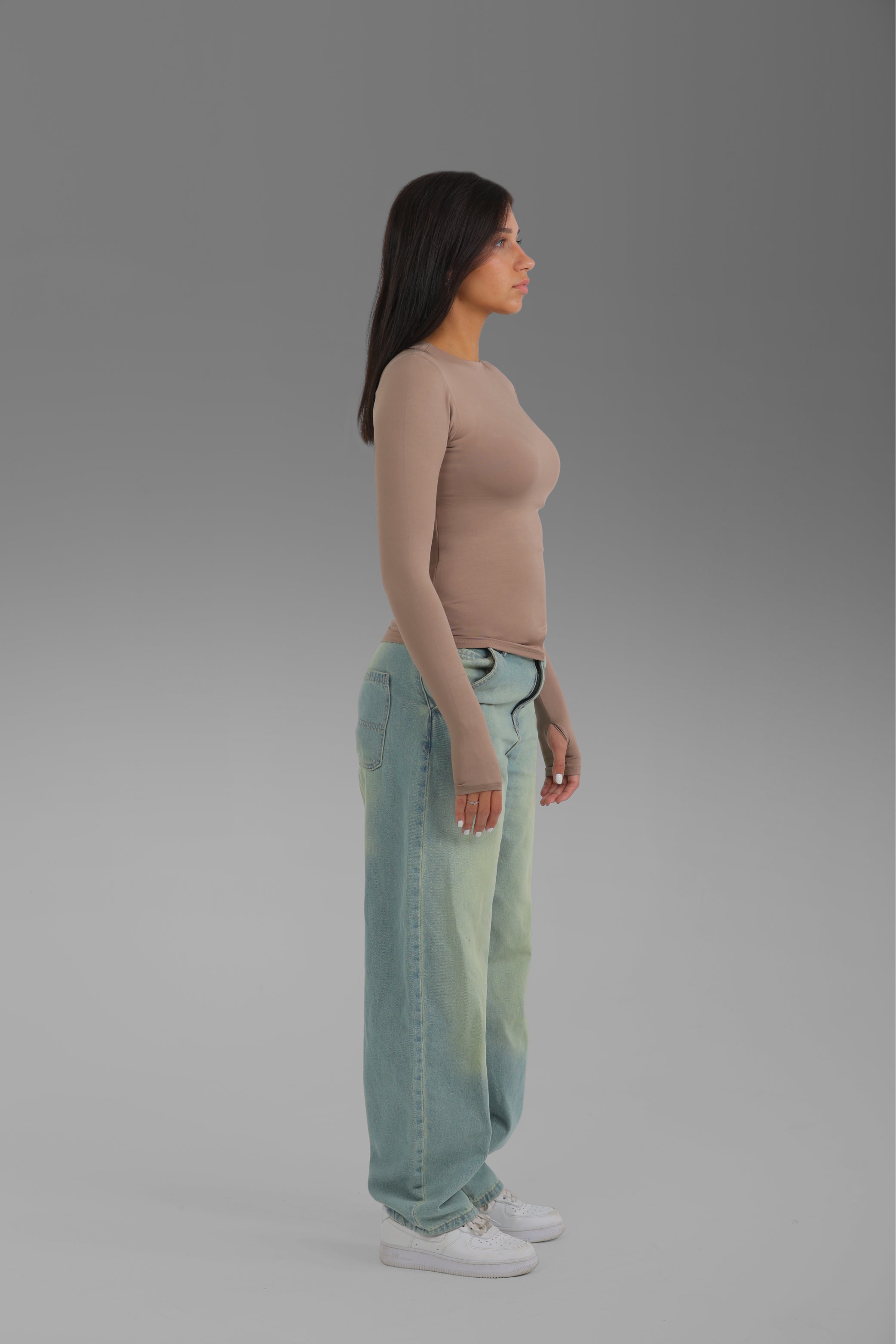Women’s Cafe Crewneck Long Sleeve Top with Thumbhole – Lightweight Soft Stretch Basic, Made in Egypt