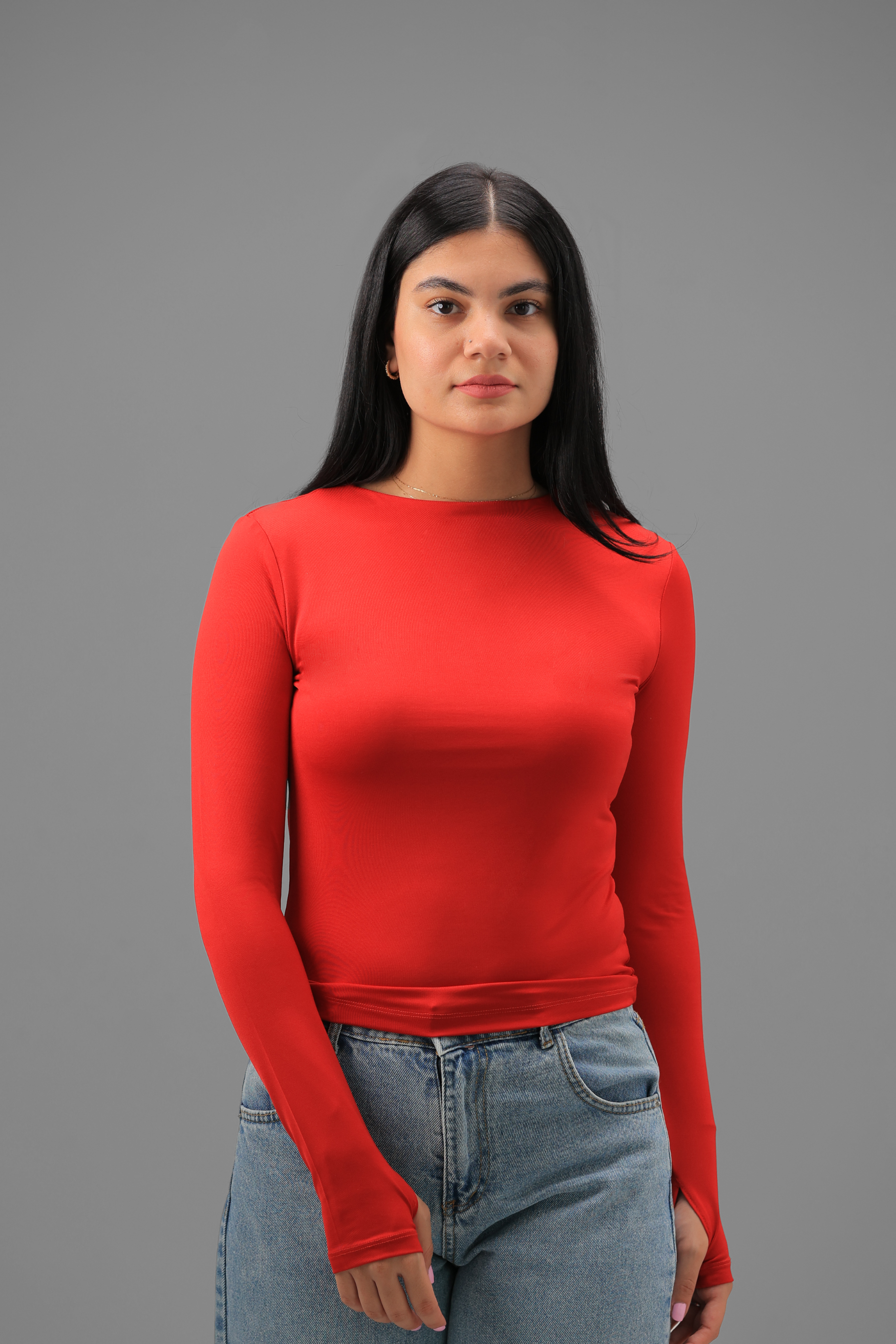 Women’s Red Crewneck Long Sleeve Top with Thumbhole – Lightweight Soft Stretch Basic, Made in Egypt