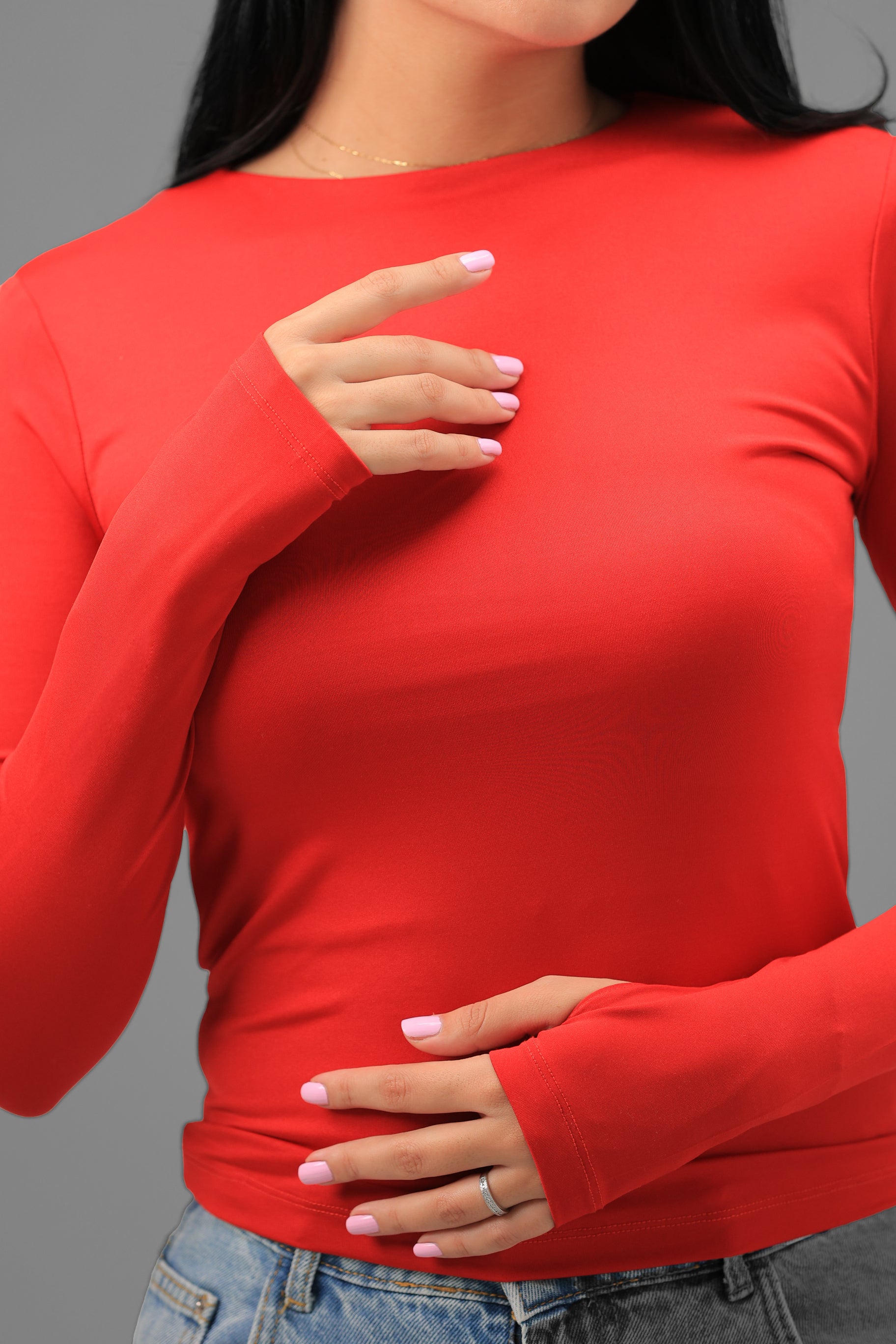 Women’s Red Crewneck Long Sleeve Top with Thumbhole – Lightweight Soft Stretch Basic, Made in Egypt