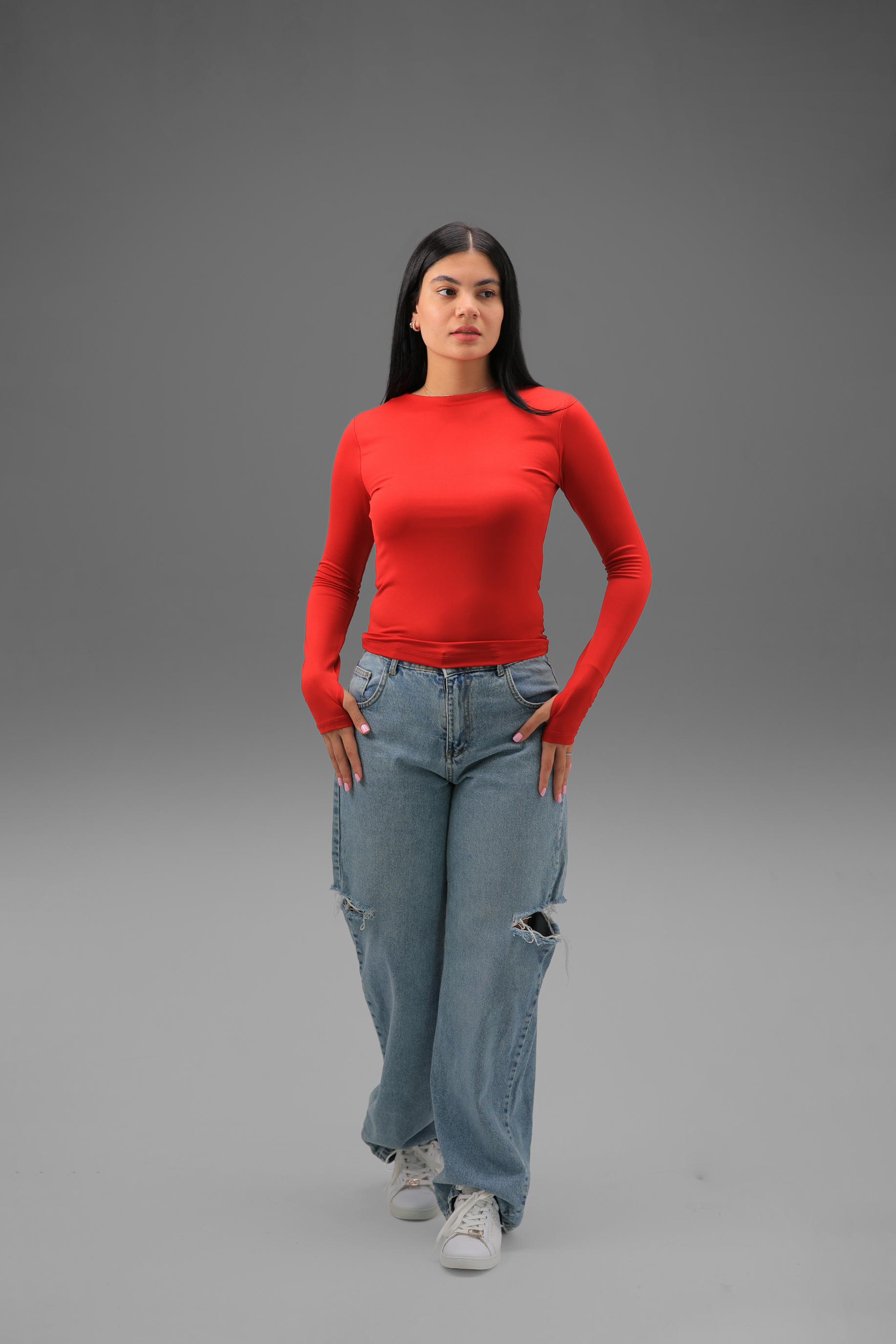 Women’s Red Crewneck Long Sleeve Top with Thumbhole – Lightweight Soft Stretch Basic, Made in Egypt