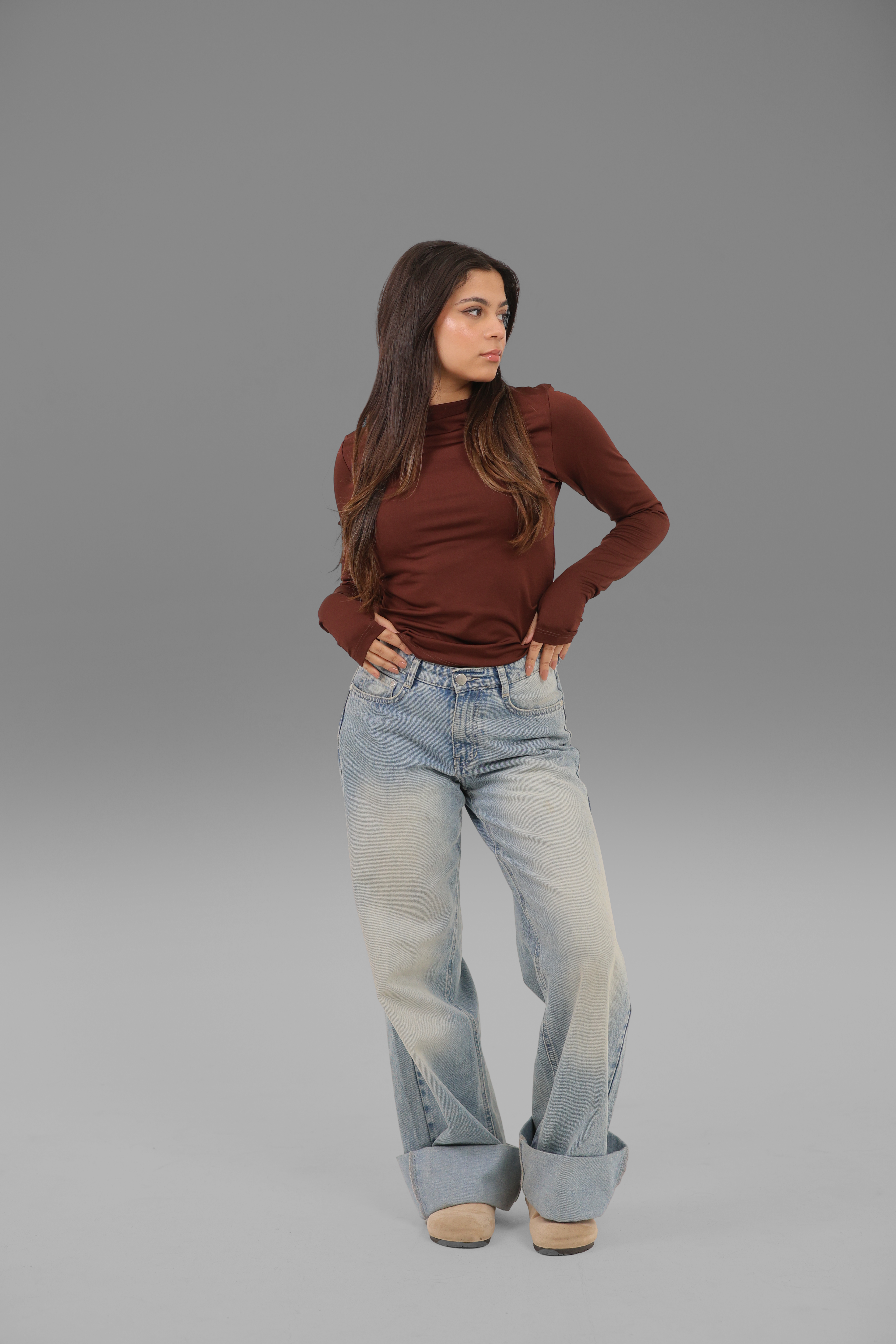 Women’s Brown Crewneck Long Sleeve Top with Thumbhole – Lightweight Soft Stretch Basic, Made in Egypt