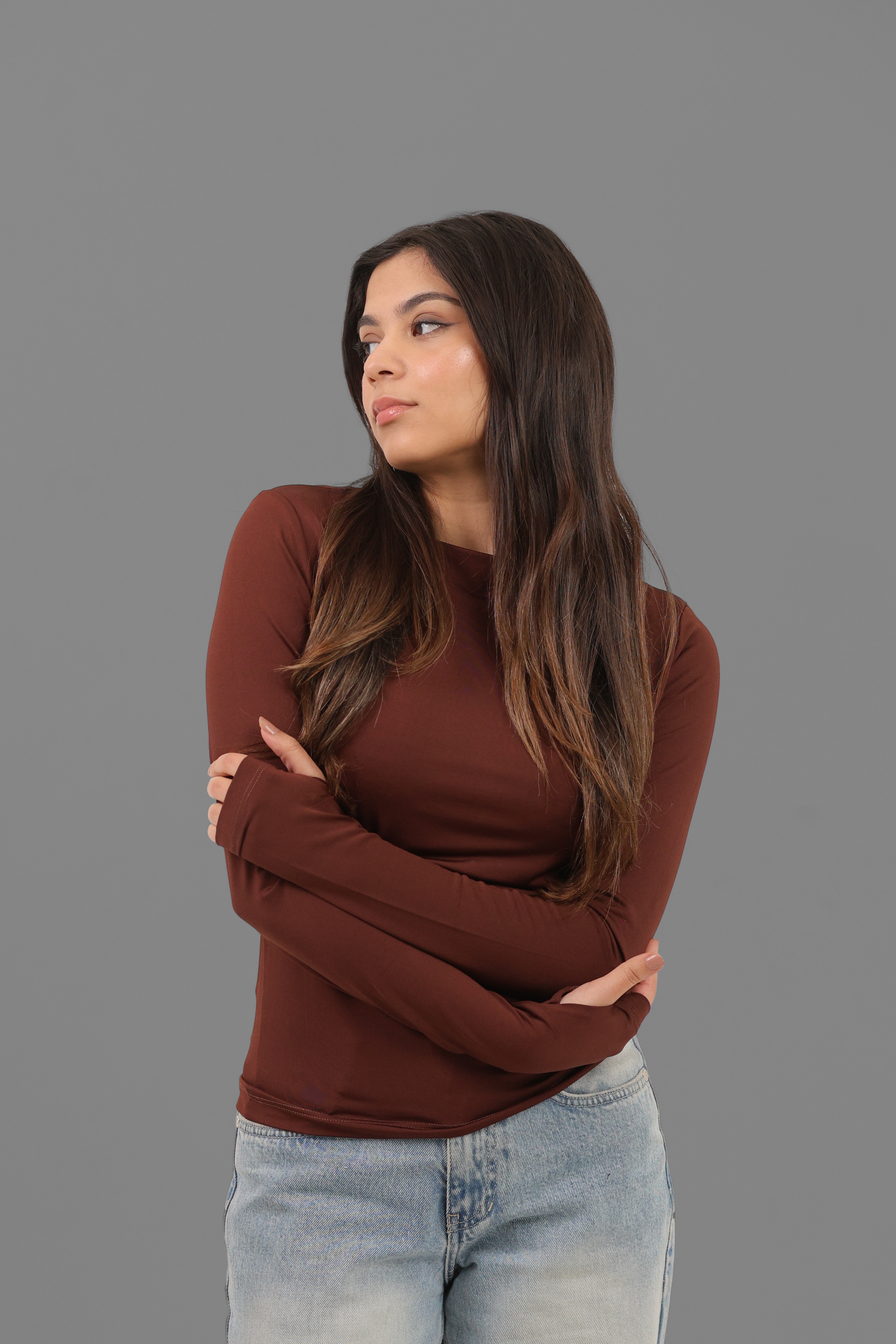 Women’s Brown Crewneck Long Sleeve Top with Thumbhole – Lightweight Soft Stretch Basic, Made in Egypt