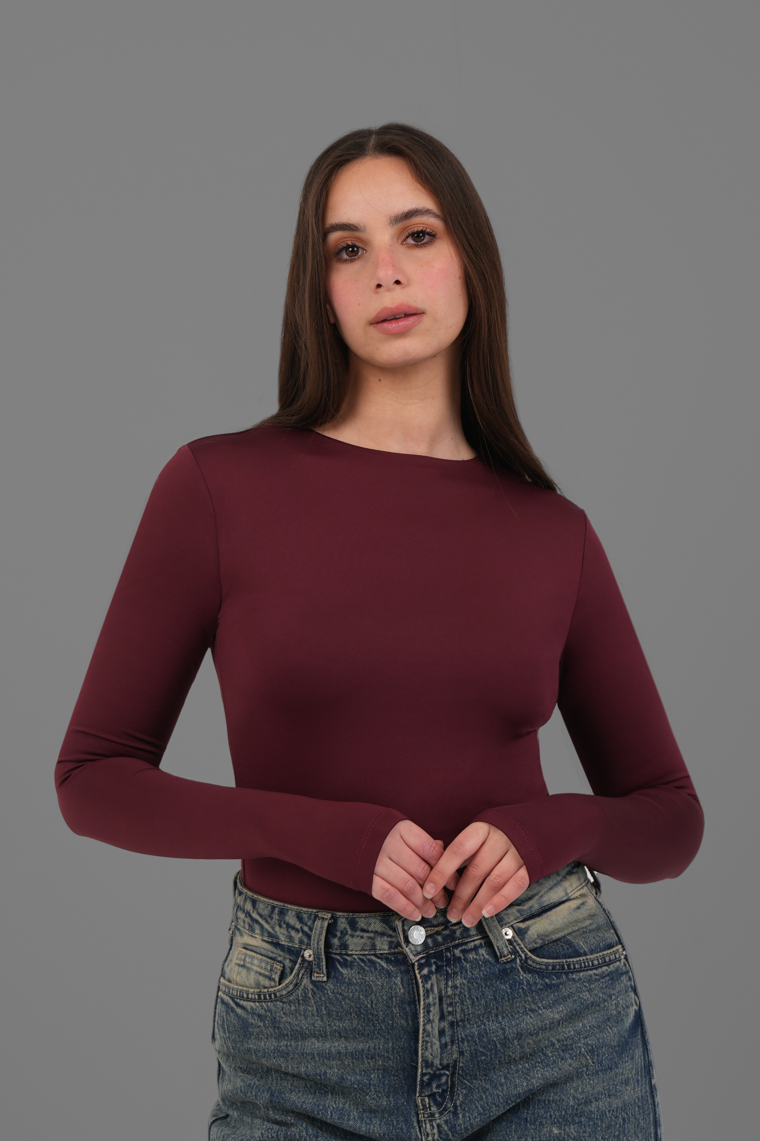 Women’s Burgundy Crewneck Long Sleeve Top with Thumbhole – Lightweight Soft Stretch Basic, Made in Egypt