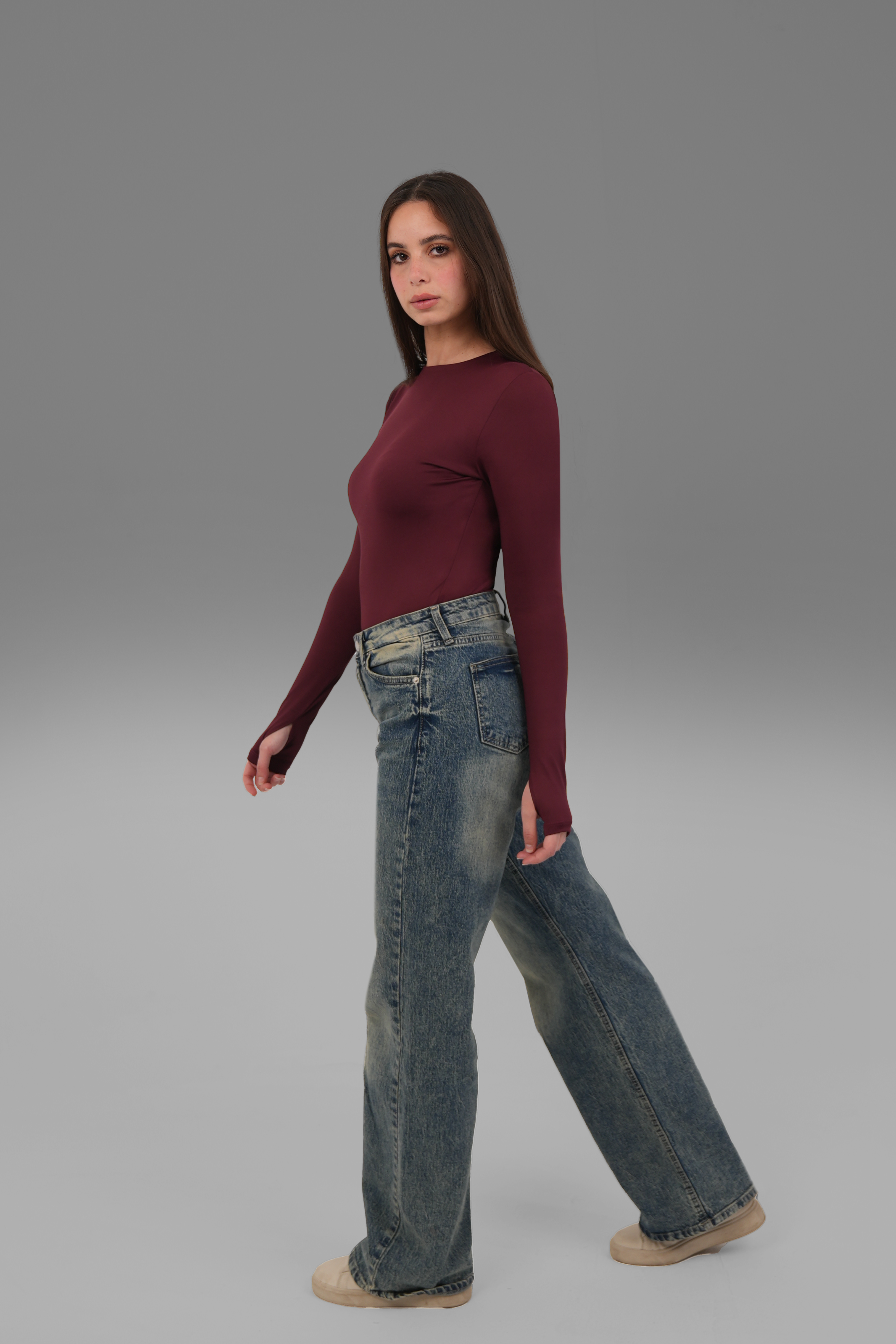 Women’s Burgundy Crewneck Long Sleeve Top with Thumbhole – Lightweight Soft Stretch Basic, Made in Egypt
