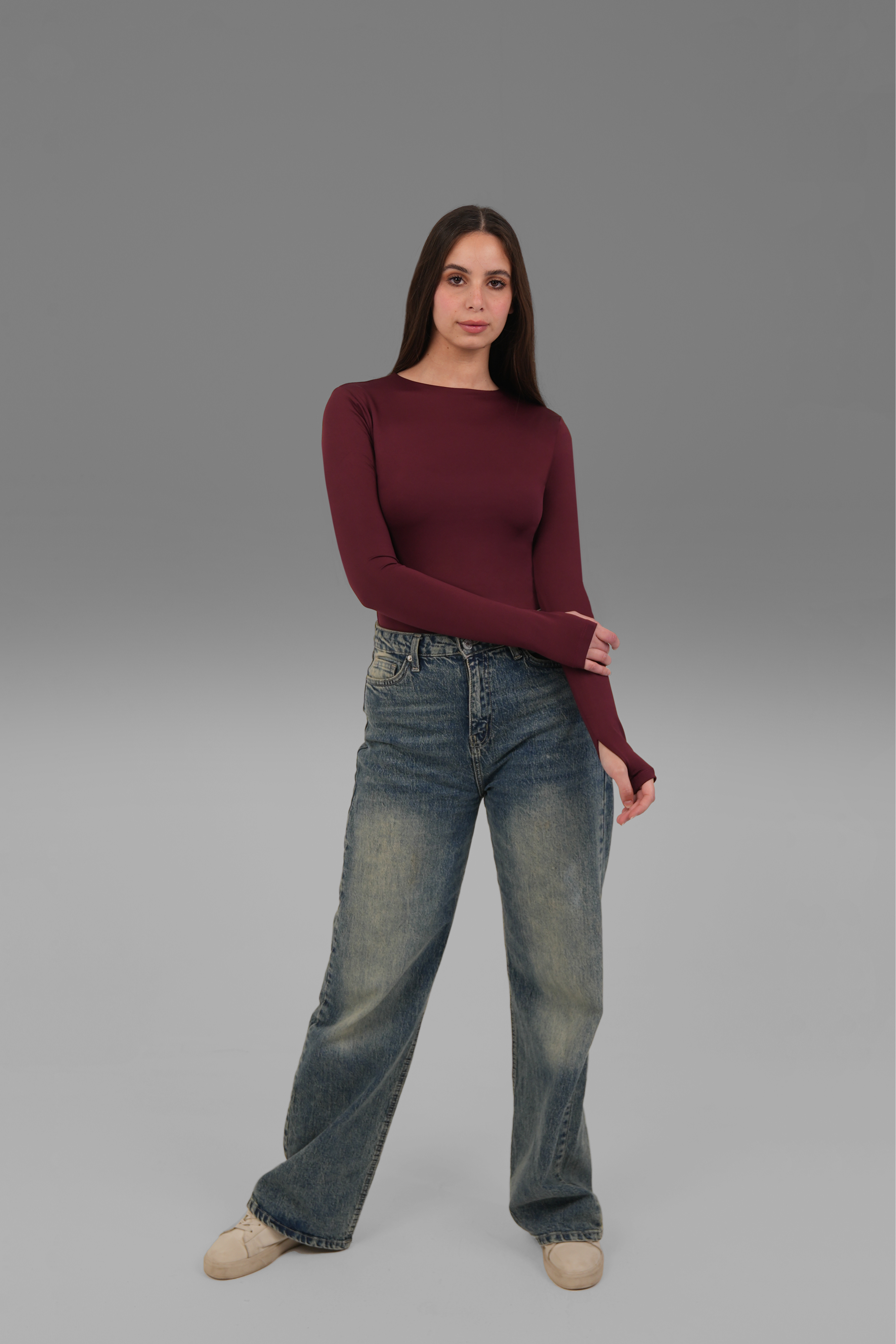 Women’s Burgundy Crewneck Long Sleeve Top with Thumbhole – Lightweight Soft Stretch Basic, Made in Egypt