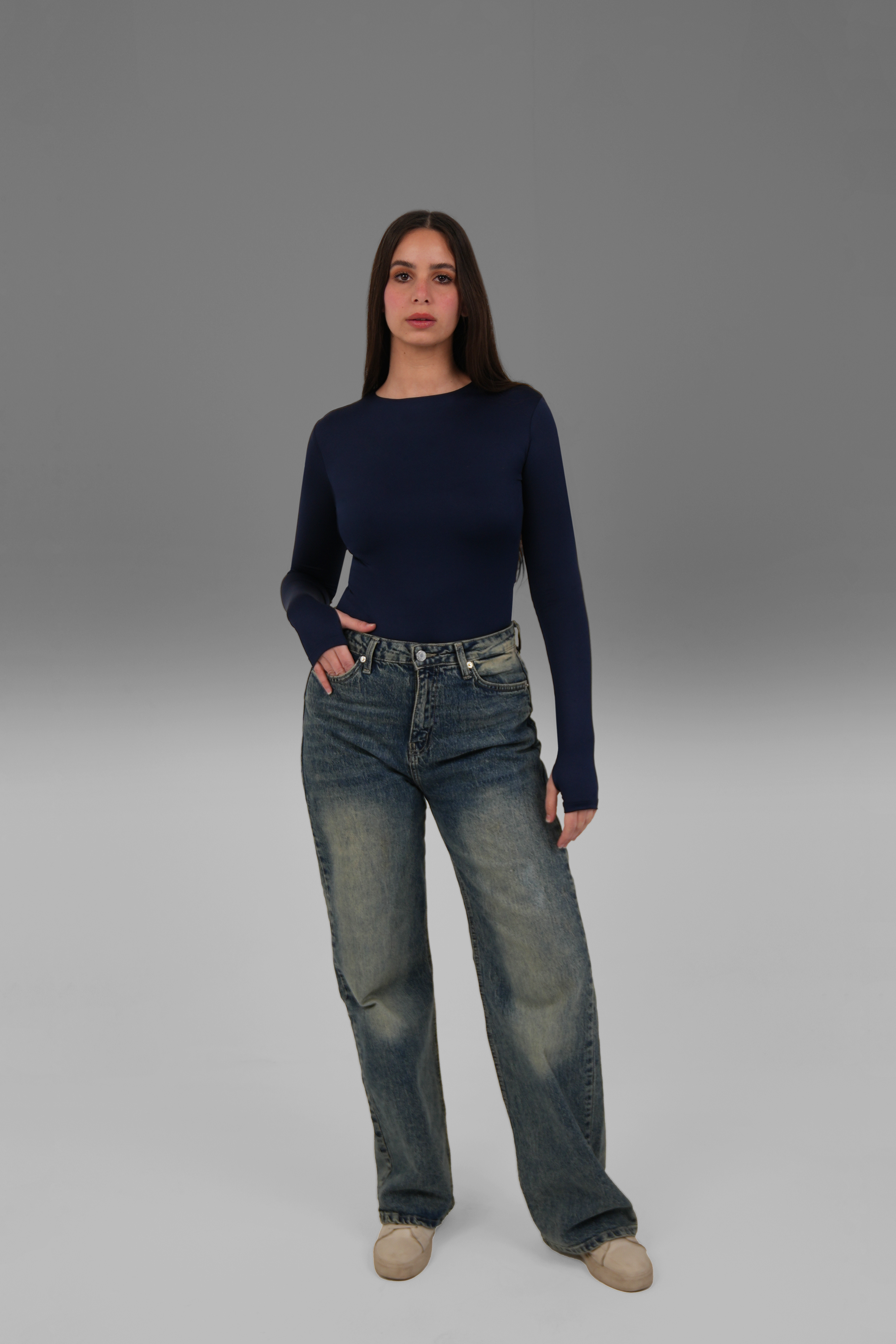 Women’s Navy Blue Crewneck Long Sleeve Top with Thumbhole – Lightweight Soft Stretch Basic, Made in Egypt