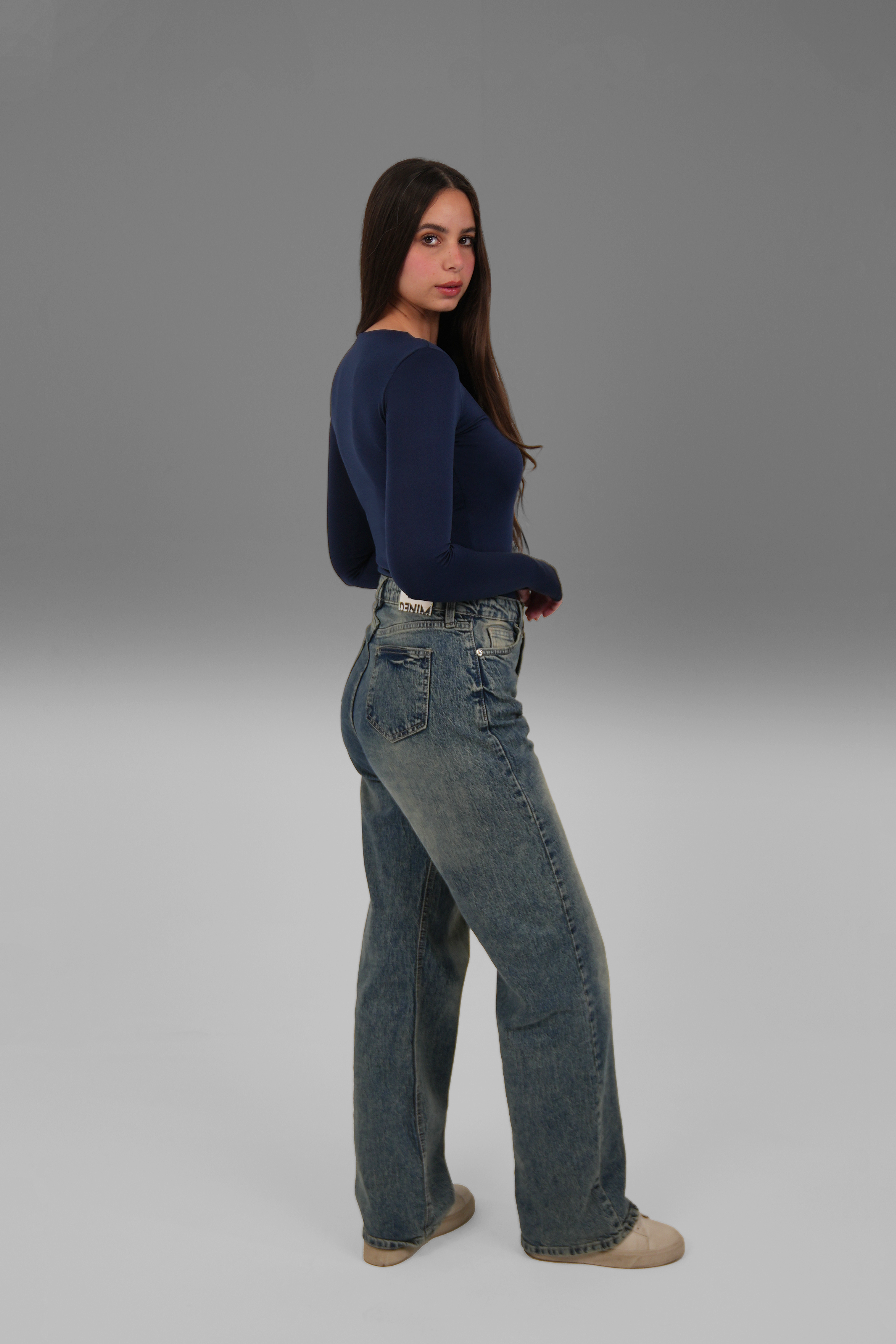 Women’s Navy Blue Crewneck Long Sleeve Top with Thumbhole – Lightweight Soft Stretch Basic, Made in Egypt