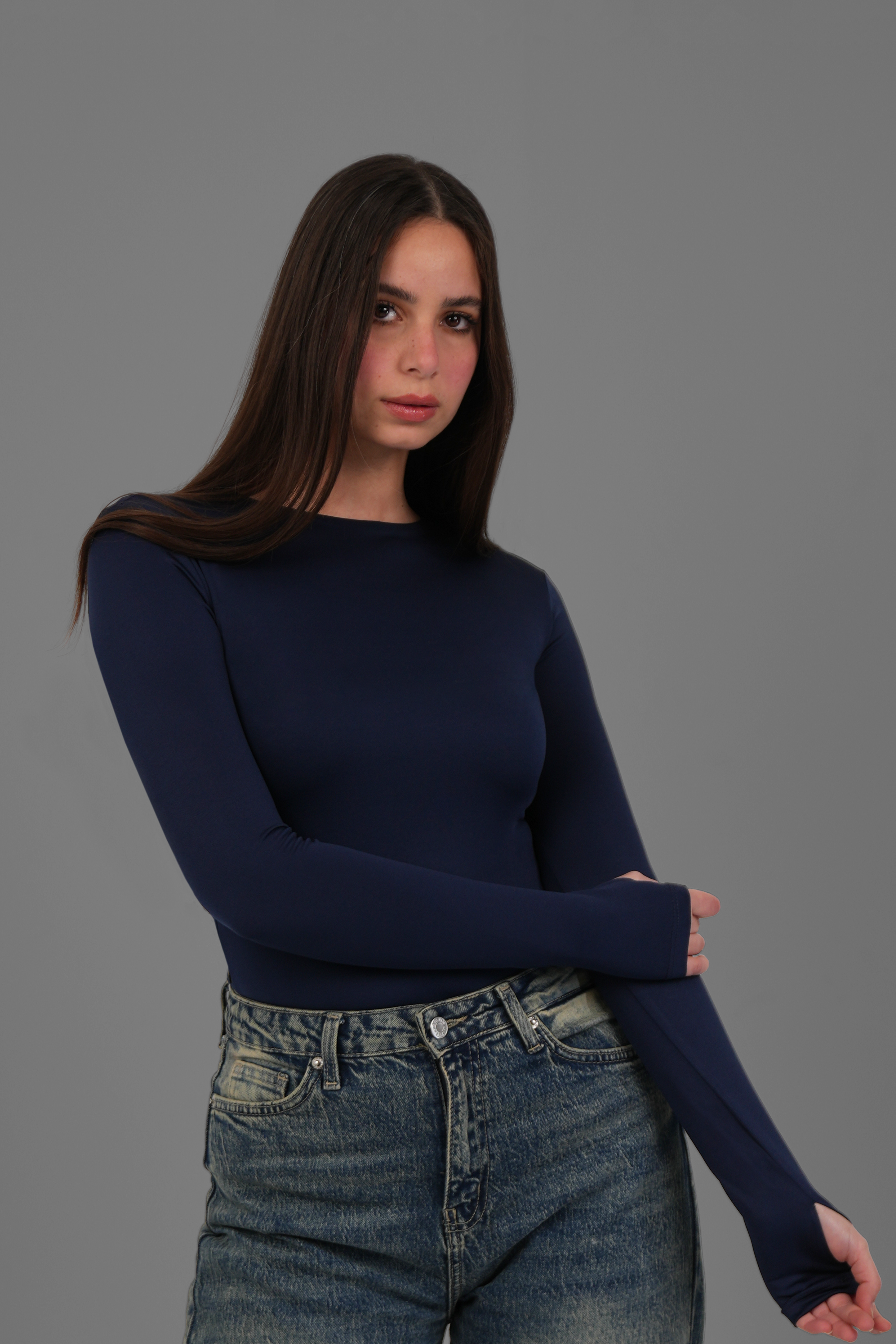 Women’s Navy Blue Crewneck Long Sleeve Top with Thumbhole – Lightweight Soft Stretch Basic, Made in Egypt