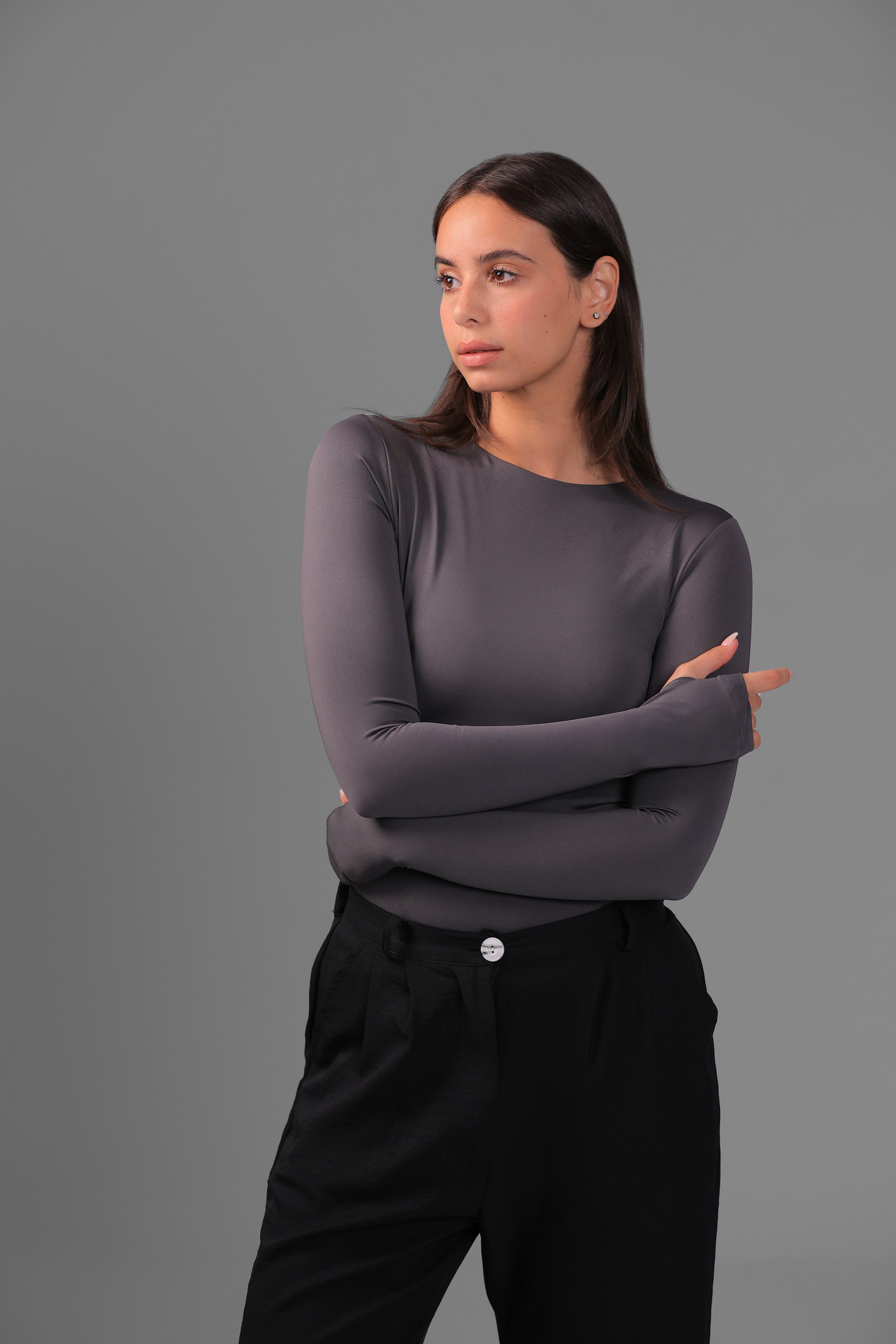 Women’s Charcoal Crewneck Long Sleeve Top with Thumbhole – Lightweight Soft Stretch Basic, Made in Egypt