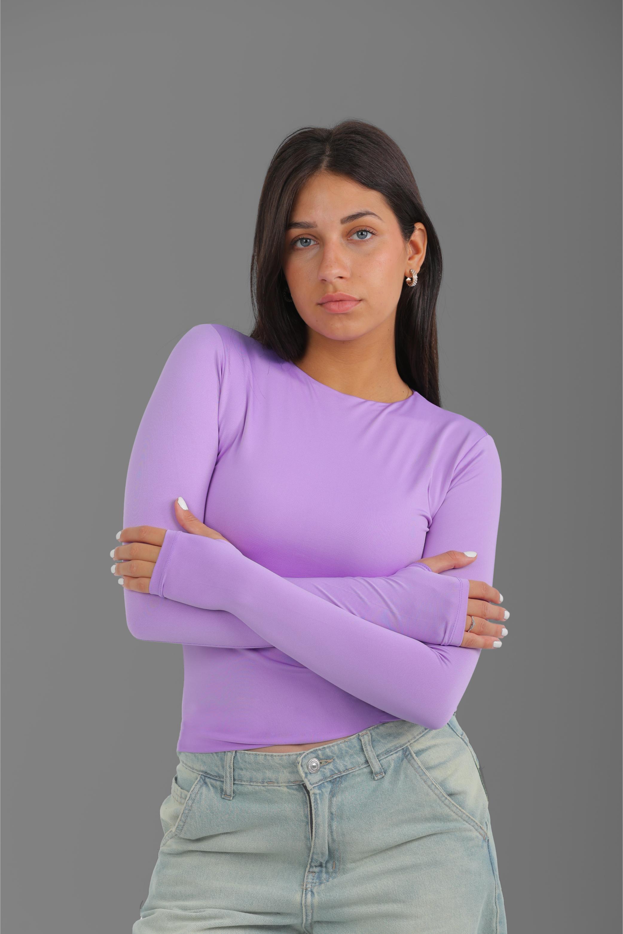 Women’s Lavender Crewneck Long Sleeve Top with Thumbhole – Lightweight Soft Stretch Basic, Made in Egypt