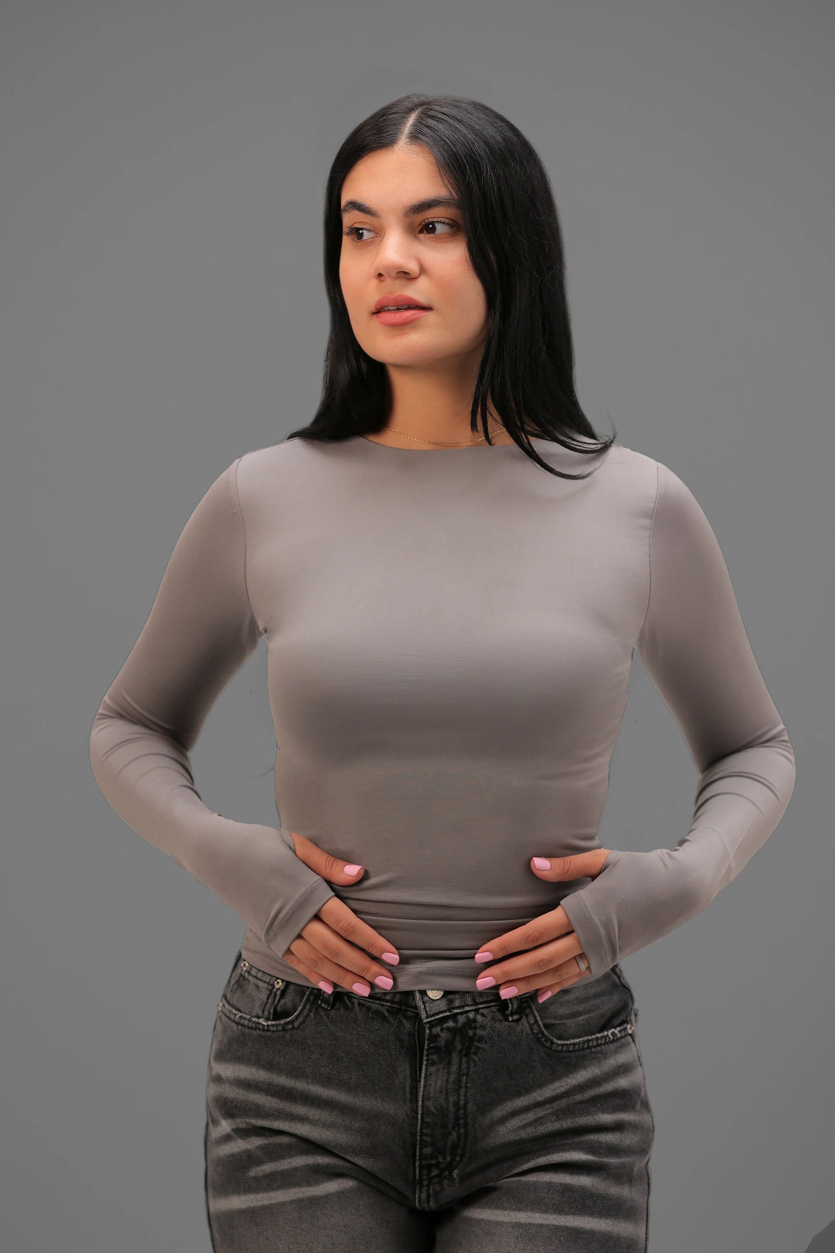Crewneck Long Sleeve Top with Thumbhole - Grey