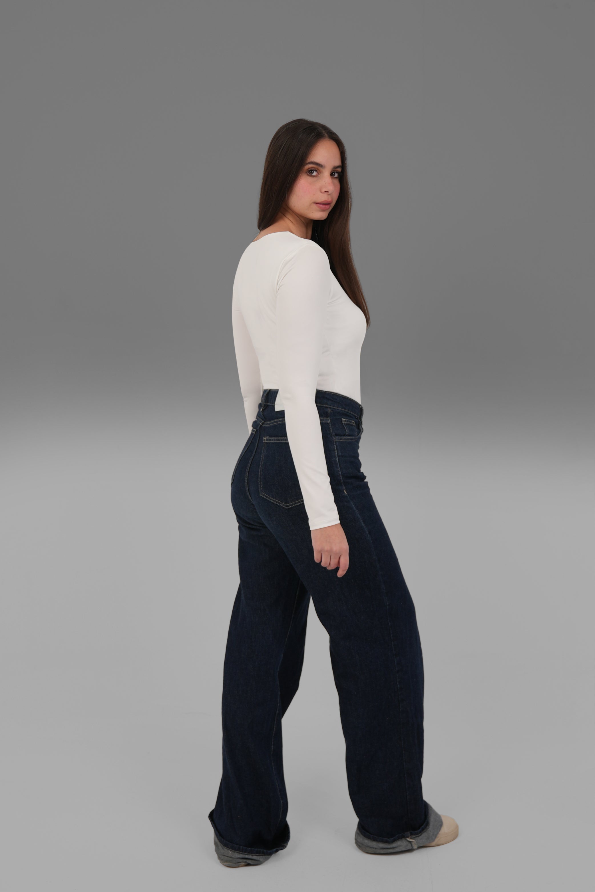 Women’s Off-White Square-Neck Long Sleeve Top – Lightweight Soft Stretch Basic, Made in Egypt