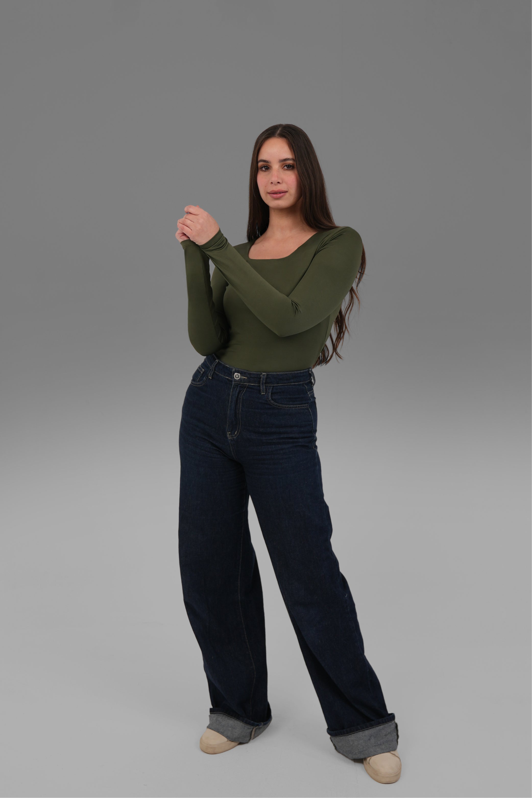 Women’s Olive Square-Neck Long Sleeve Top – Lightweight Soft Stretch Basic, Made in Egypt