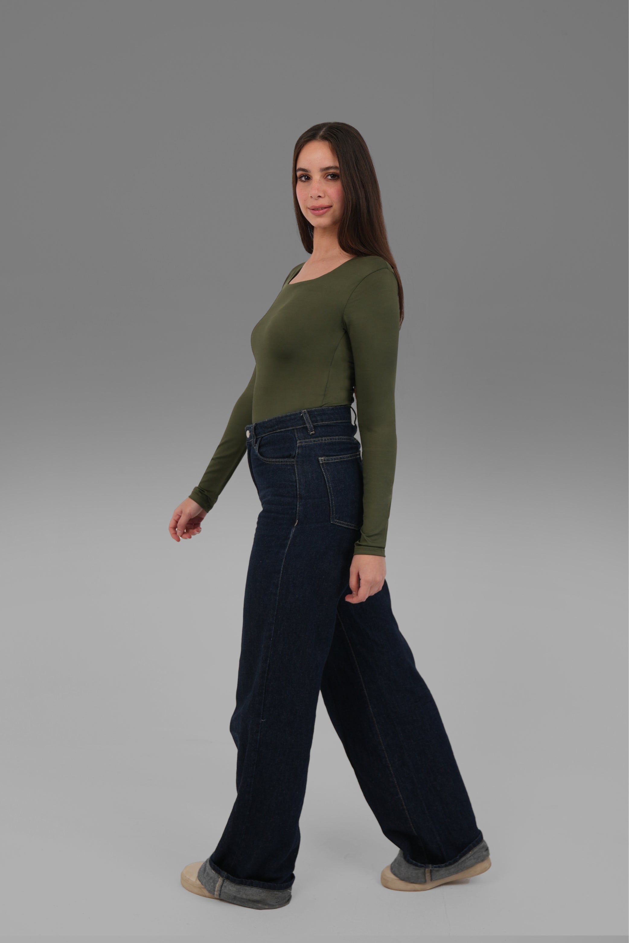 Women’s Olive Square-Neck Long Sleeve Top – Lightweight Soft Stretch Basic, Made in Egypt