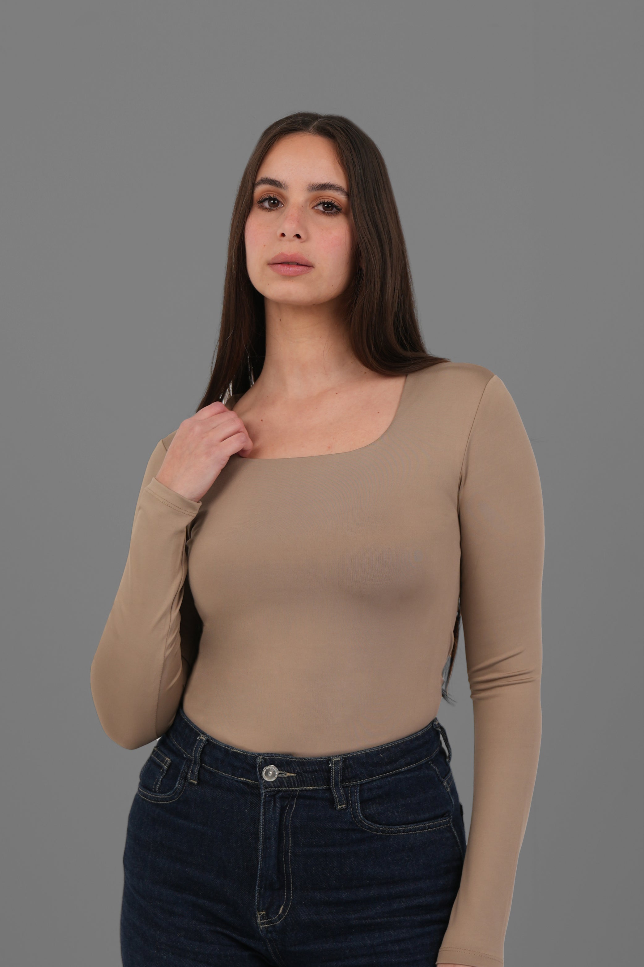 Women’s Cafe Square-Neck Long Sleeve Top – Lightweight Soft Stretch Basic, Made in Egypt