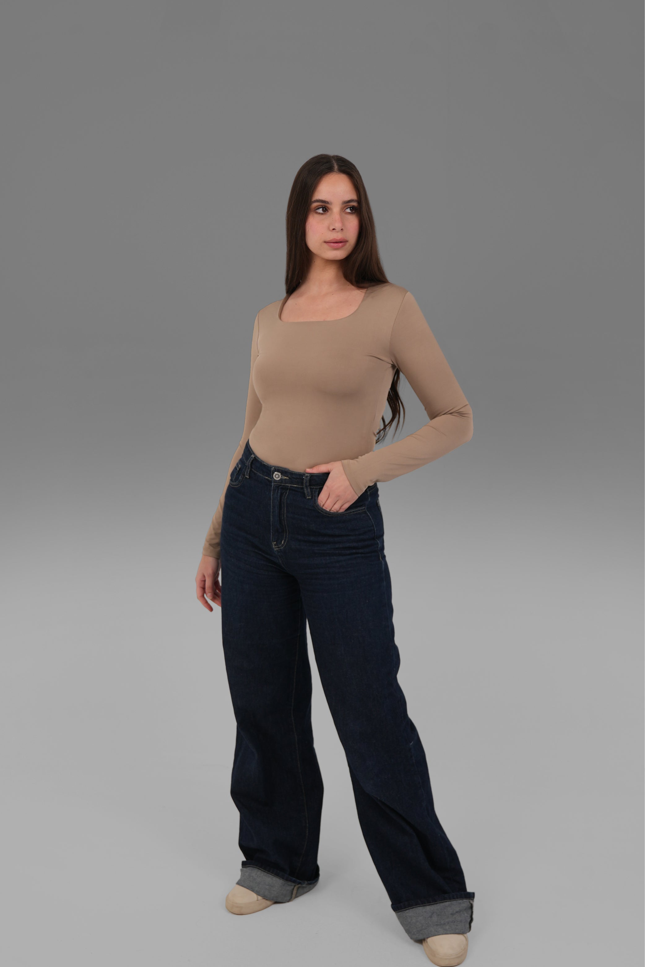 Women’s Cafe Square-Neck Long Sleeve Top – Lightweight Soft Stretch Basic, Made in Egypt