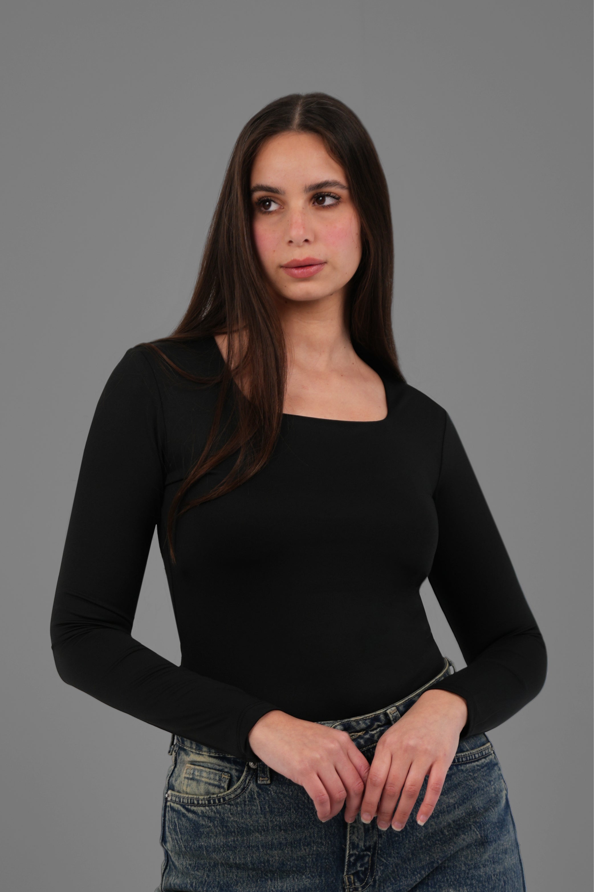 Women’s Black Square-Neck Long Sleeve Top – Lightweight Soft Stretch Basic, Made in Egypt