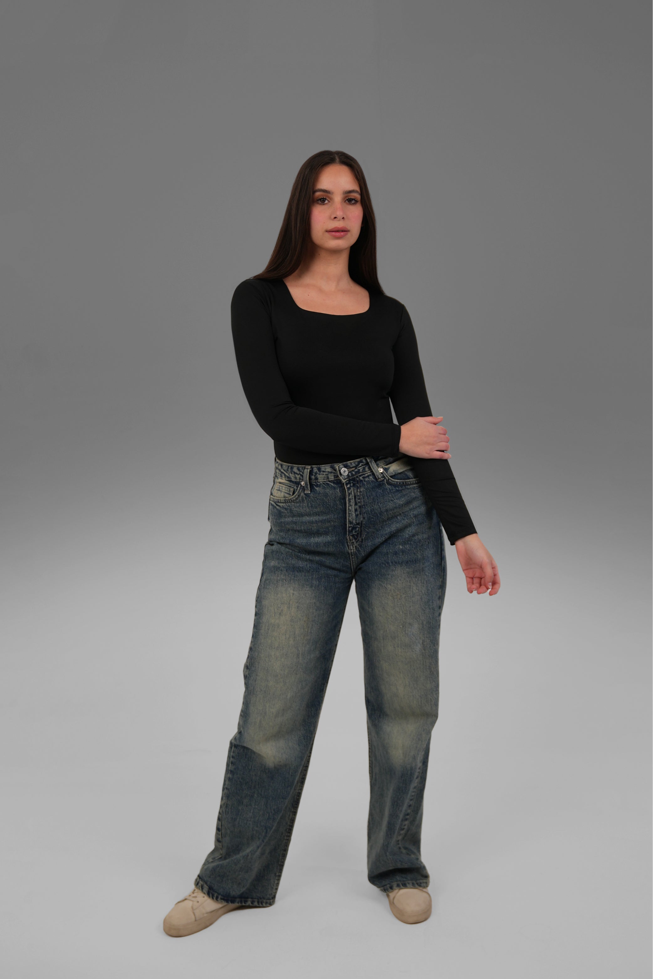 Women’s Black Square-Neck Long Sleeve Top – Lightweight Soft Stretch Basic, Made in Egypt