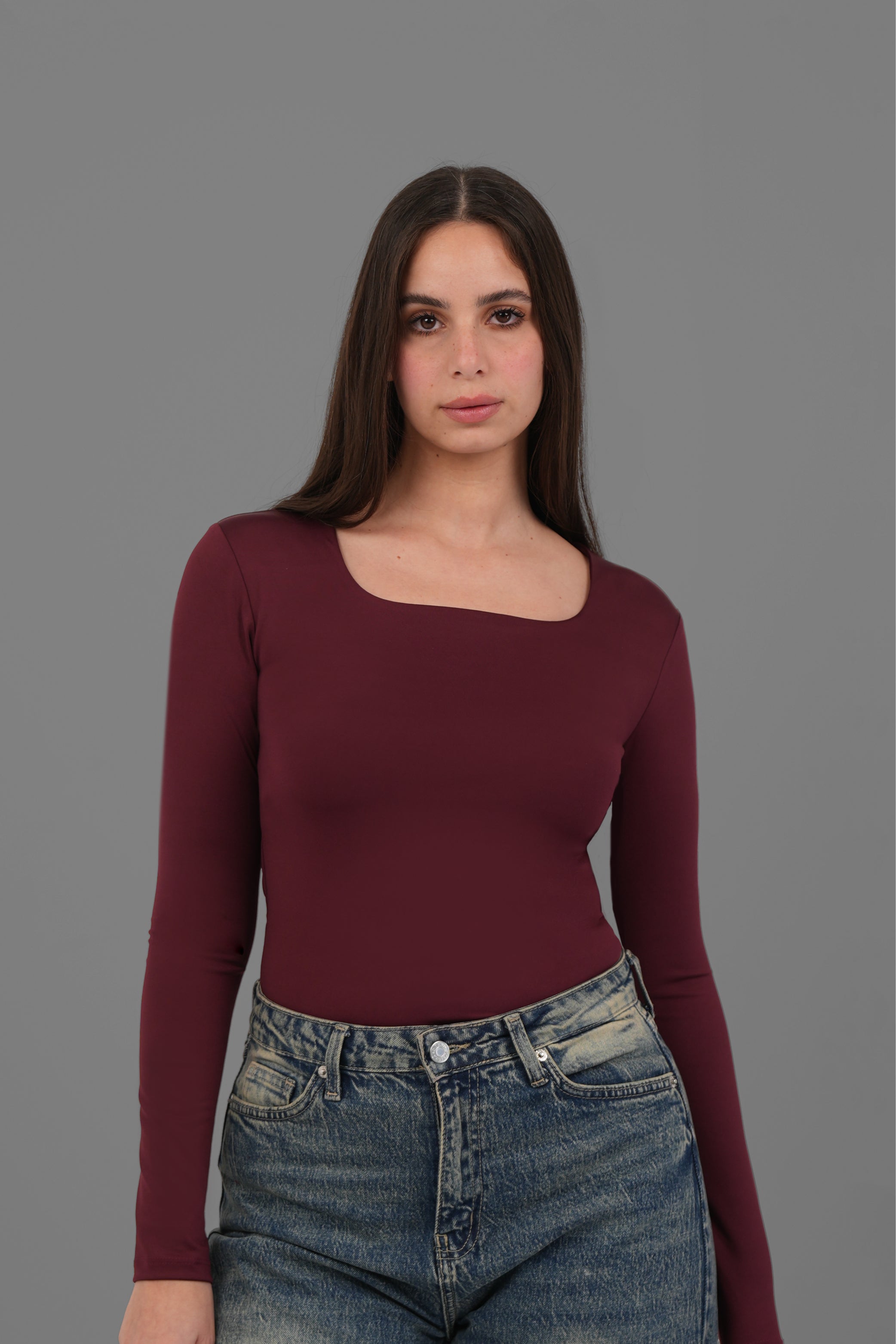 Women’s Burgundy Square-Neck Long Sleeve Top – Lightweight Soft Stretch Basic, Made in Egypt