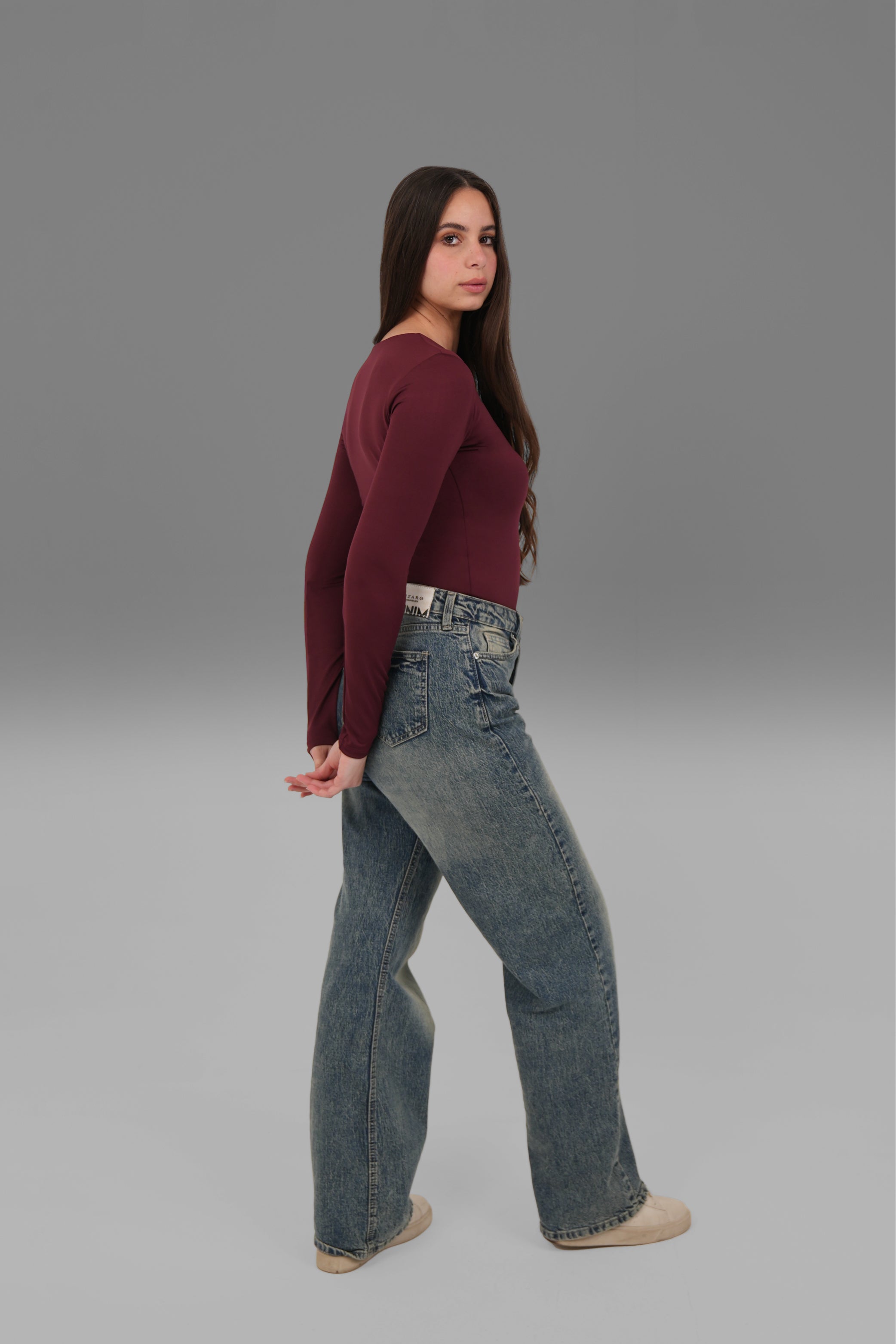 Women’s Burgundy Square-Neck Long Sleeve Top – Lightweight Soft Stretch Basic, Made in Egypt