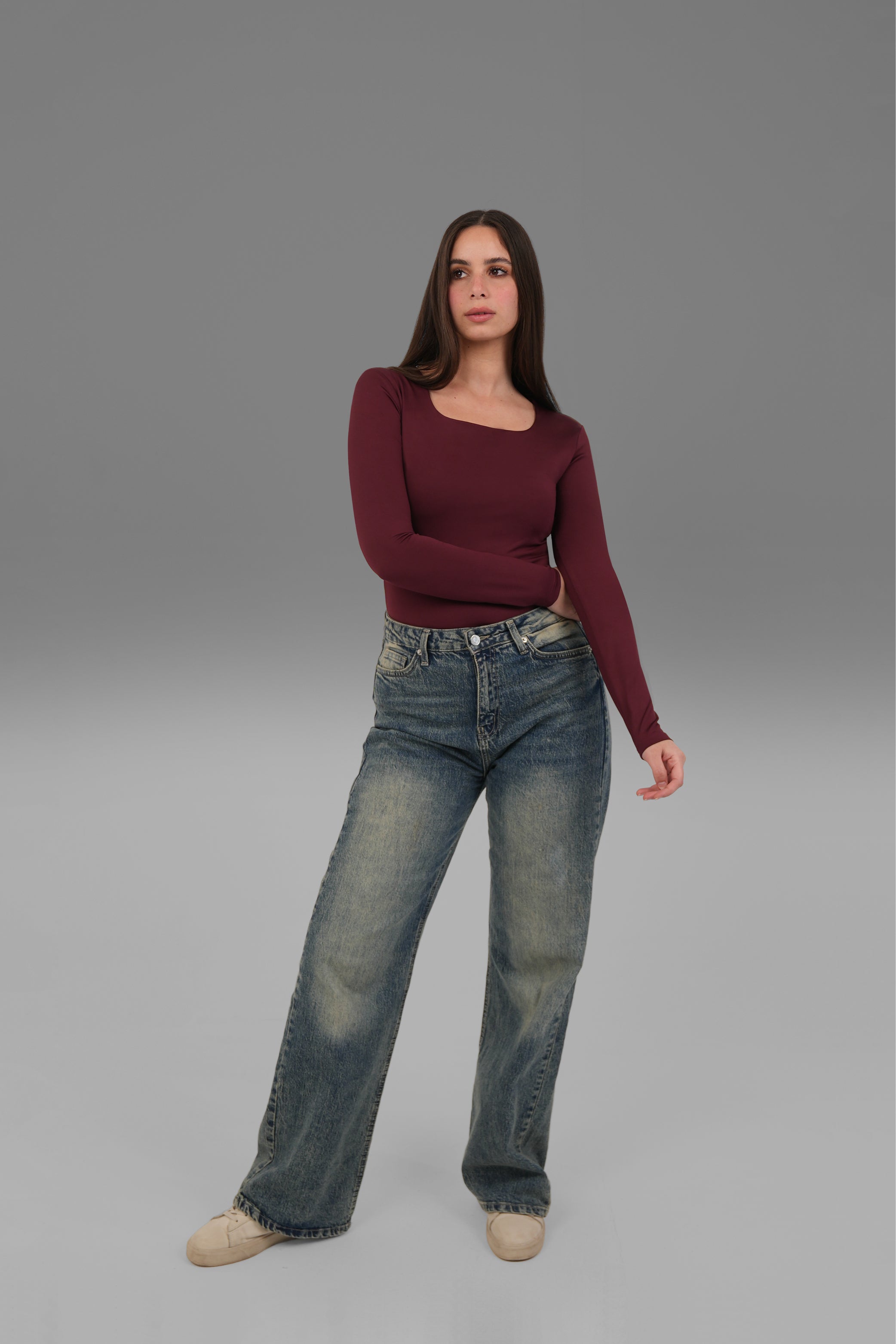 Women’s Burgundy Square-Neck Long Sleeve Top – Lightweight Soft Stretch Basic, Made in Egypt