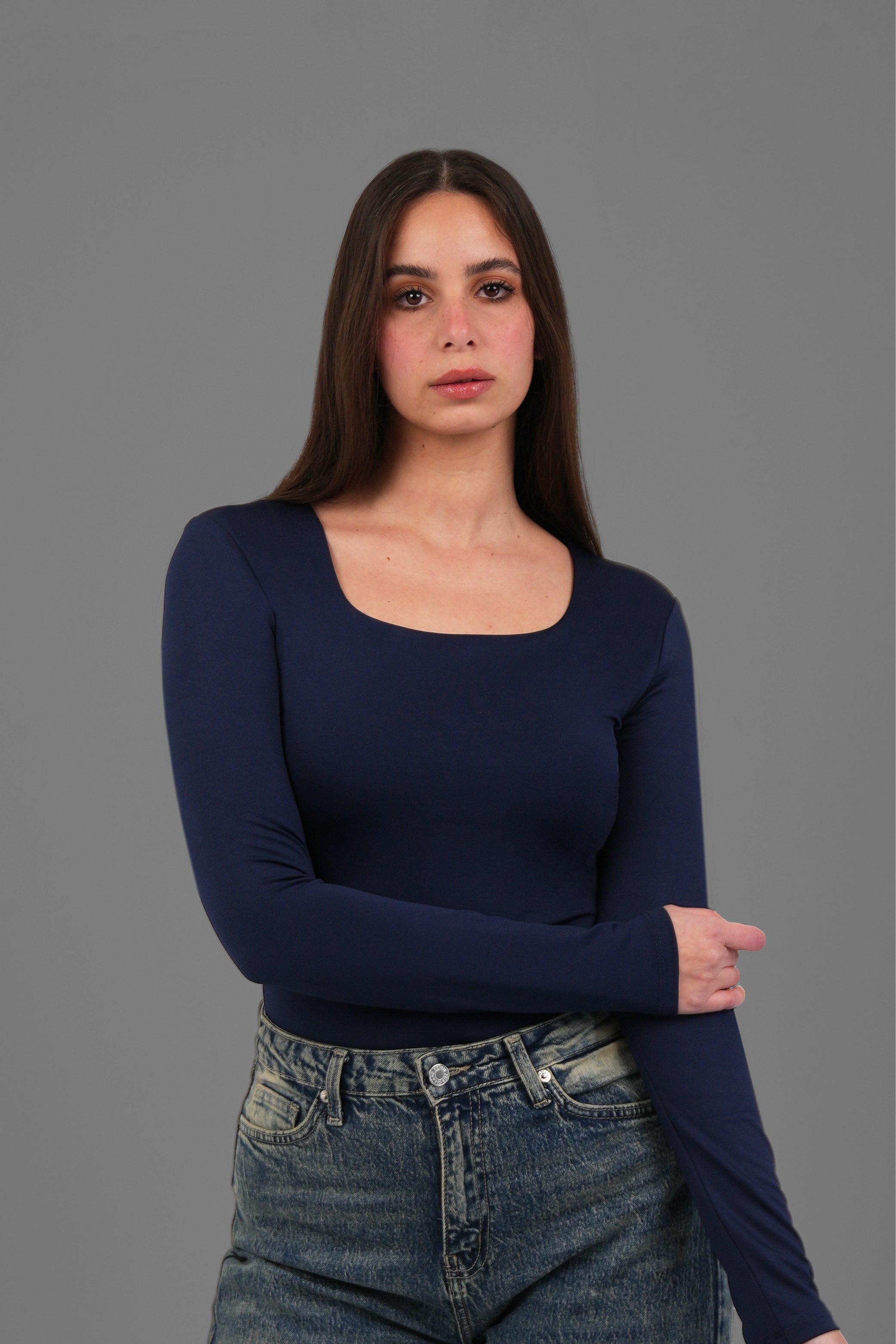 Women’s Navy Blue Square-Neck Long Sleeve Top – Lightweight Soft Stretch Basic, Made in Egypt
