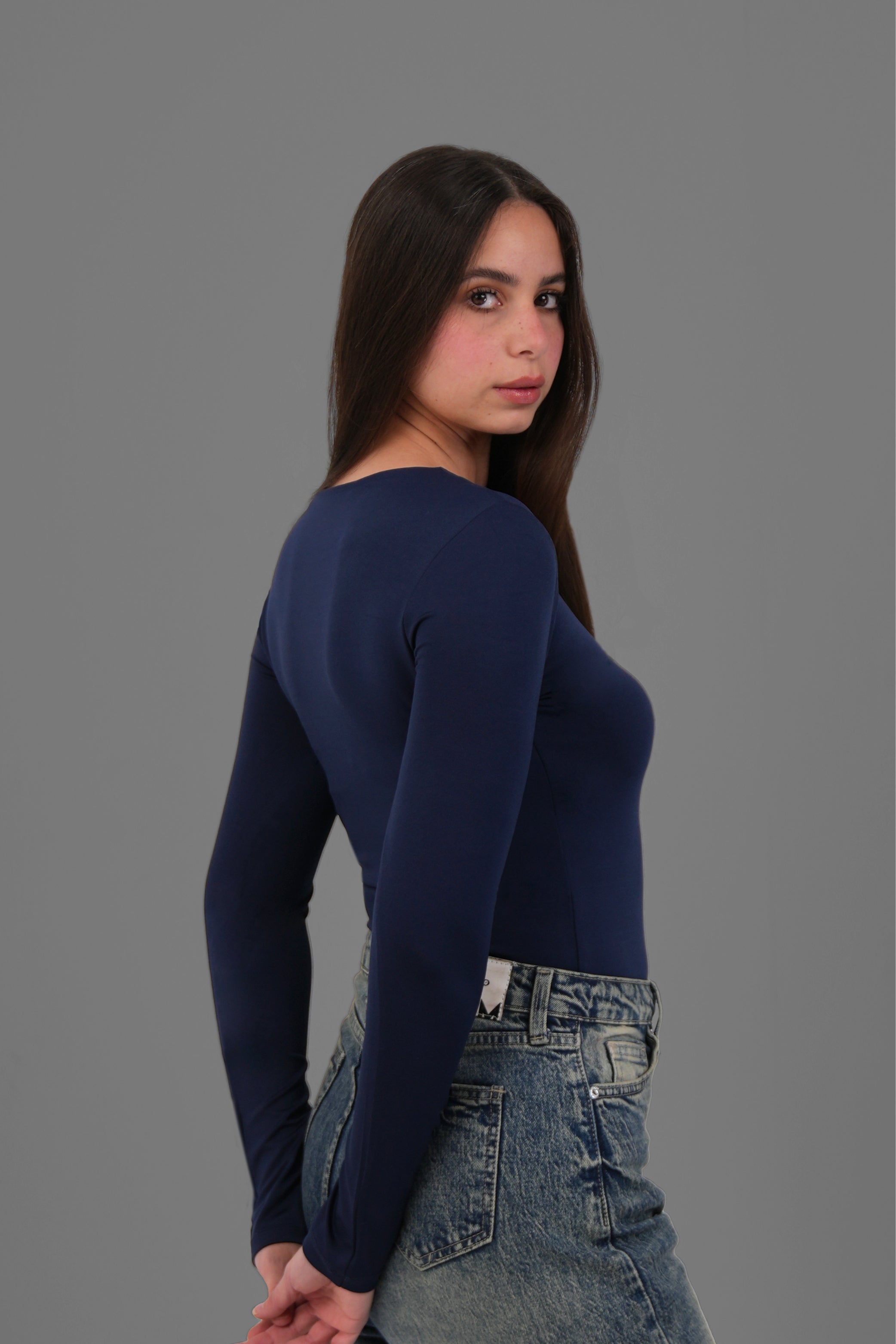 Women’s Navy Blue Square-Neck Long Sleeve Top – Lightweight Soft Stretch Basic, Made in Egypt