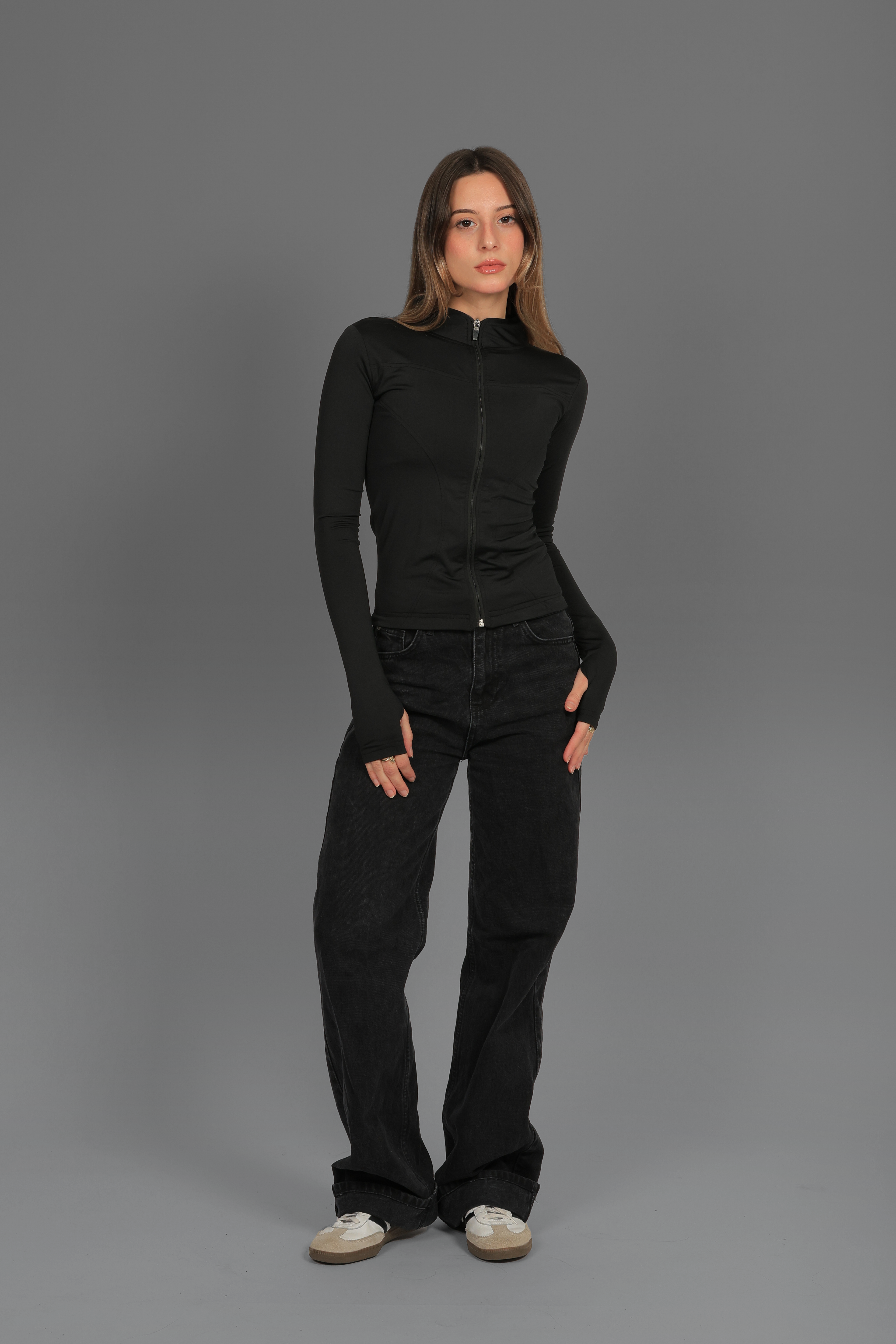 Women’s Black Fitted Zip-Up Jacket with Thumbhole – Lightweight Soft Stretch Basic, Made in Egypt