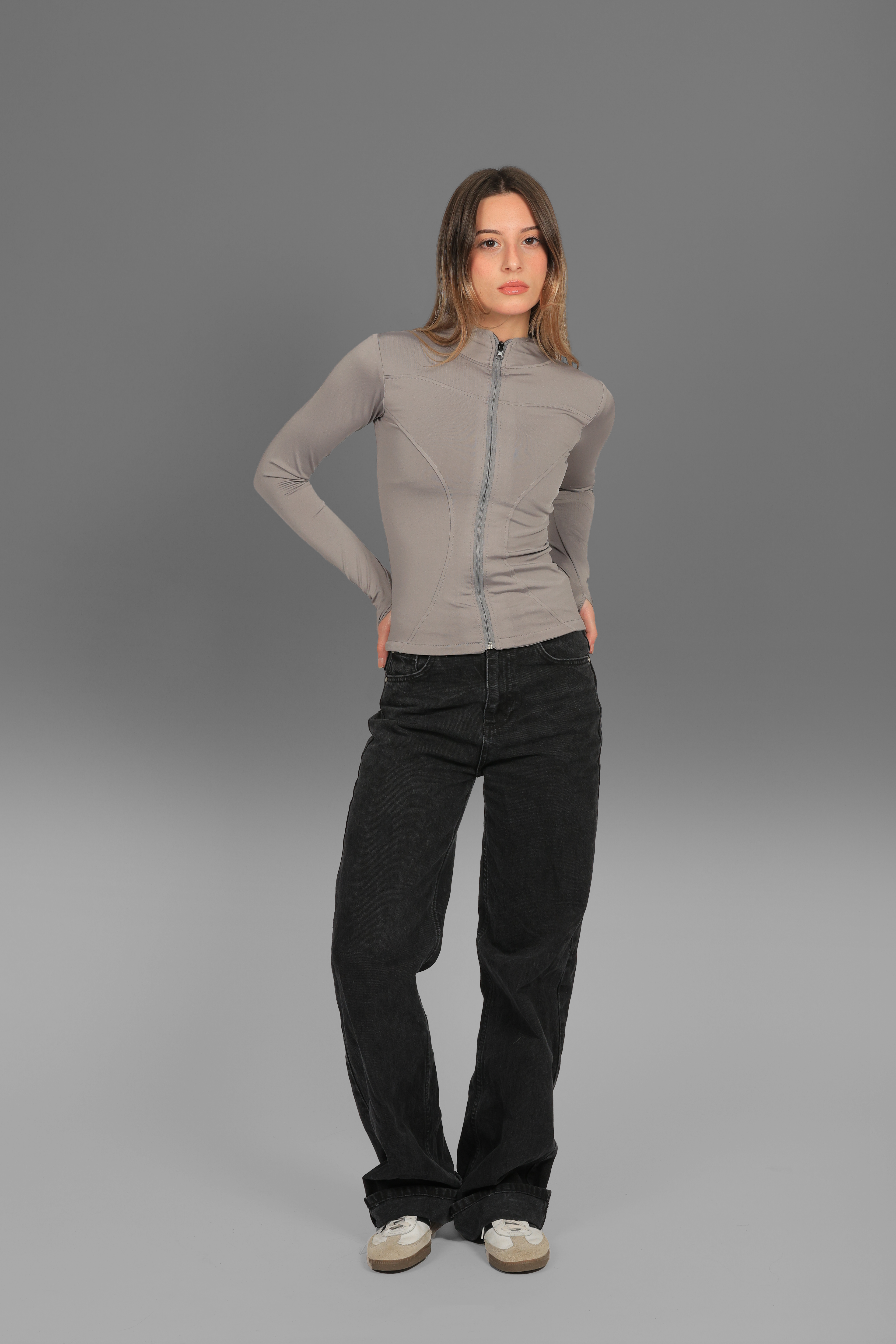 Women’s Grey Fitted Zip-Up Jacket with Thumbhole – Lightweight Soft Stretch Basic, Made in Egypt