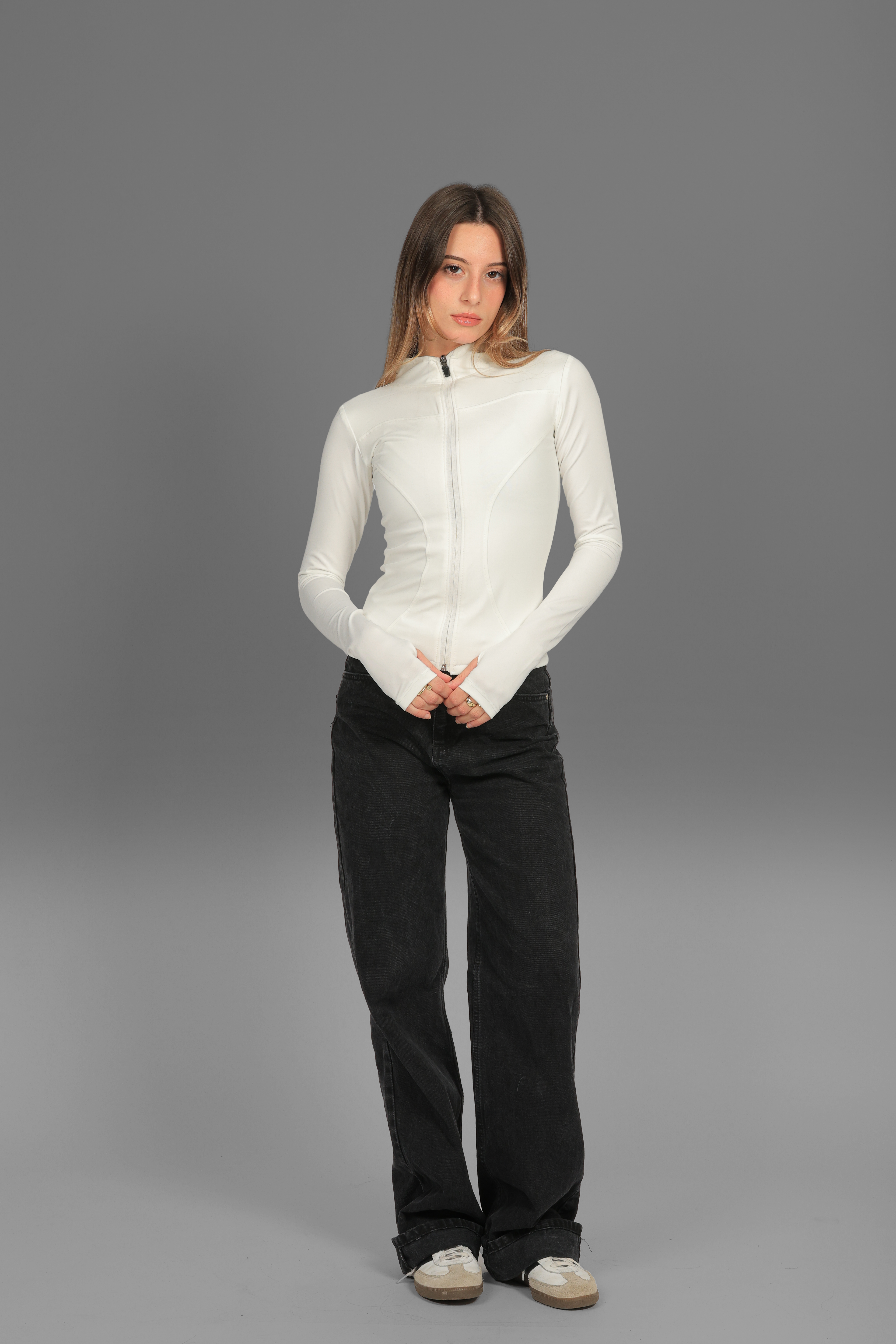 Women’s Off-White Fitted Zip-Up Jacket with Thumbhole – Lightweight Soft Stretch Basic, Made in Egypt