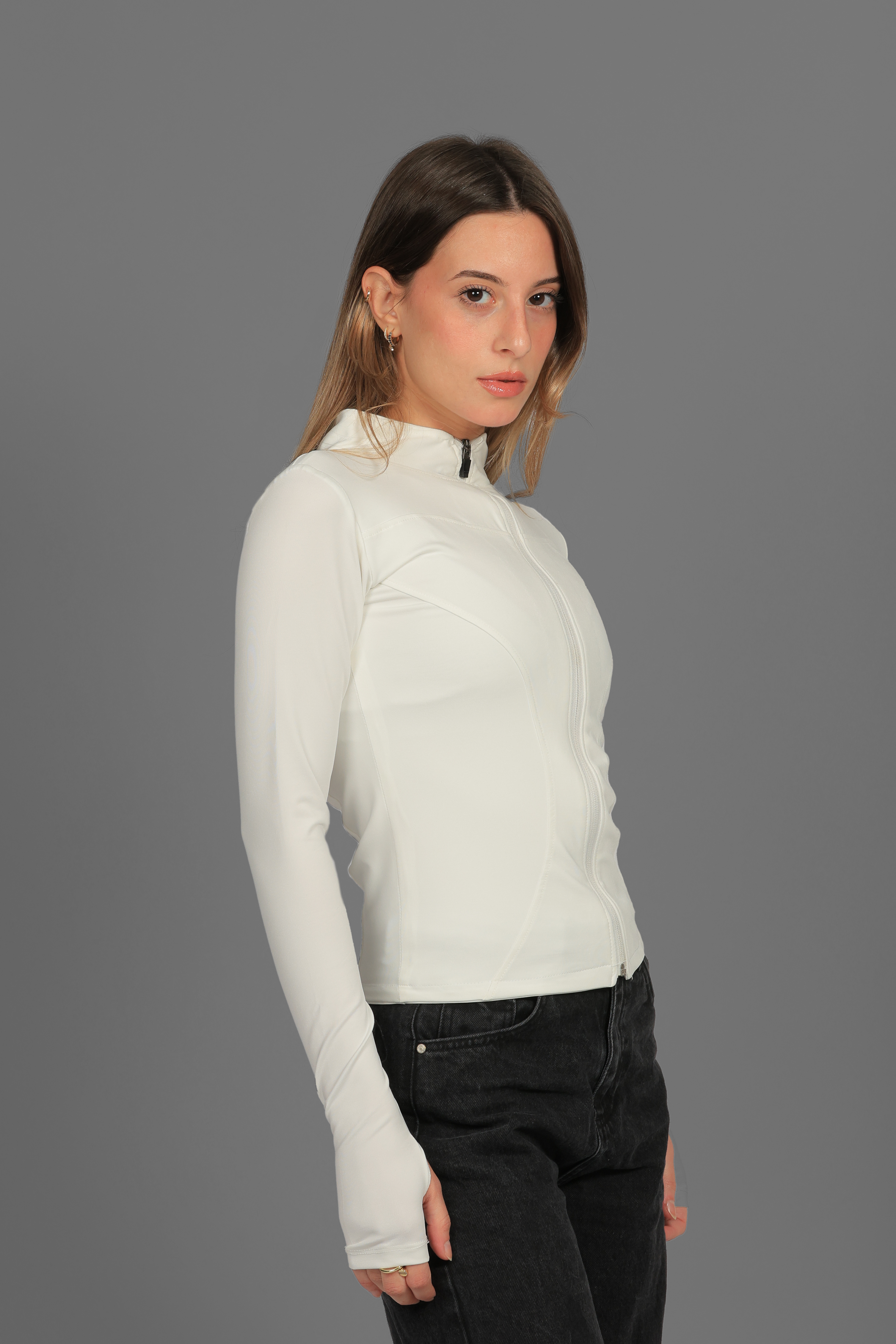 Women’s Off-White Fitted Zip-Up Jacket with Thumbhole – Lightweight Soft Stretch Basic, Made in Egypt