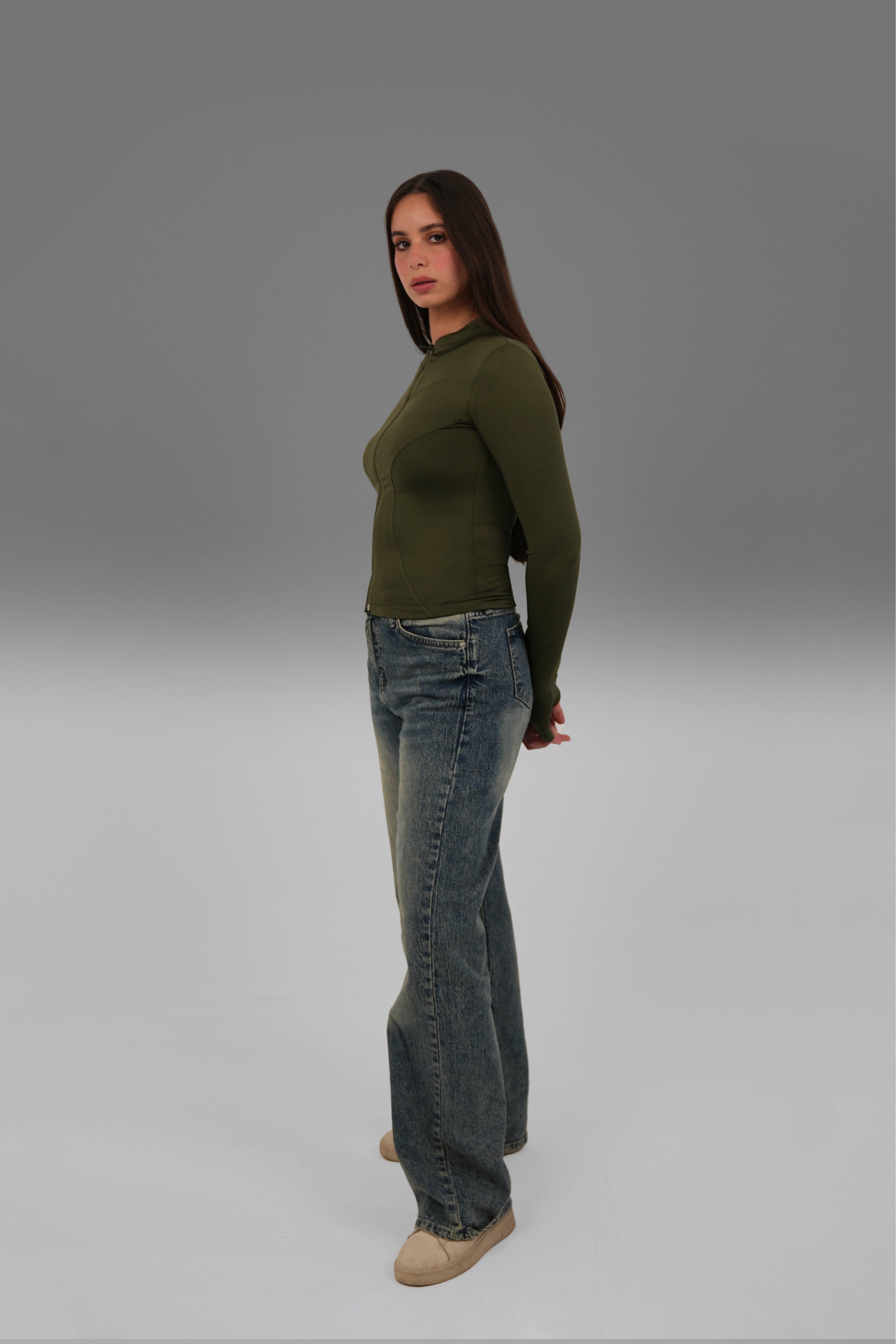 Women’s Olive Fitted Zip-Up Jacket with Thumbhole – Lightweight Soft Stretch Basic, Made in Egypt