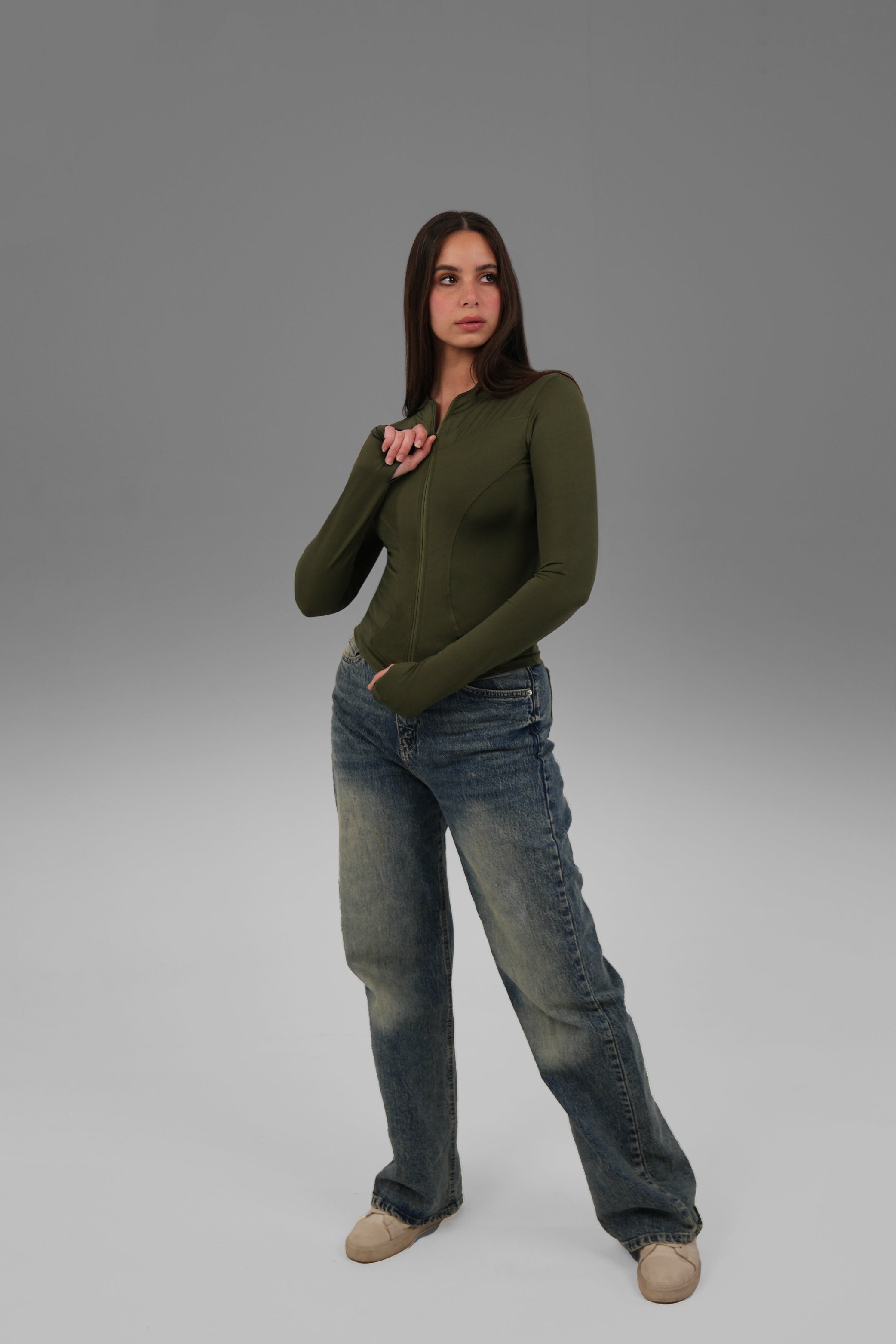 Women’s Olive Fitted Zip-Up Jacket with Thumbhole – Lightweight Soft Stretch Basic, Made in Egypt