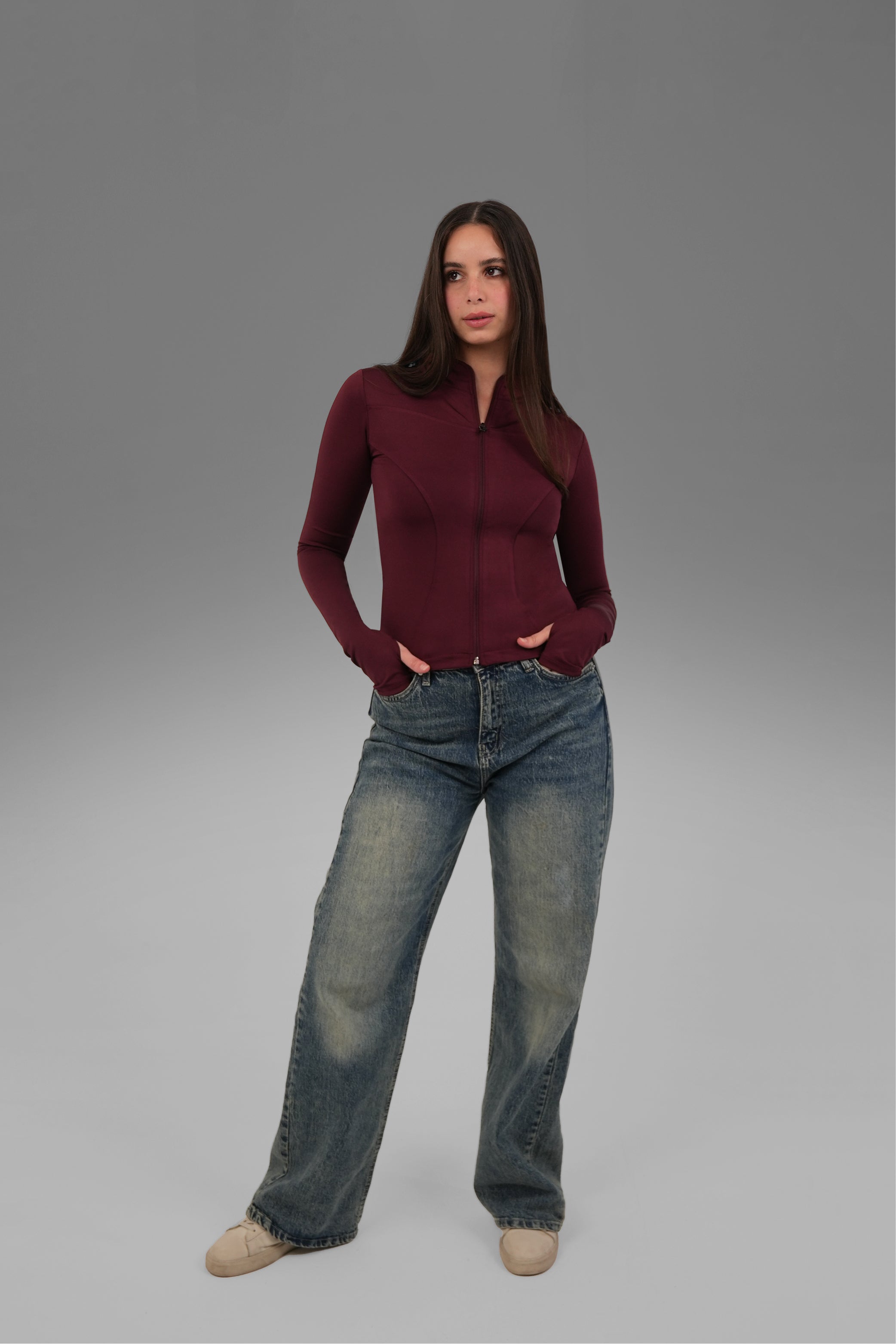Women’s Burgundy Fitted Zip-Up Jacket with Thumbhole – Lightweight Soft Stretch Basic, Made in Egypt