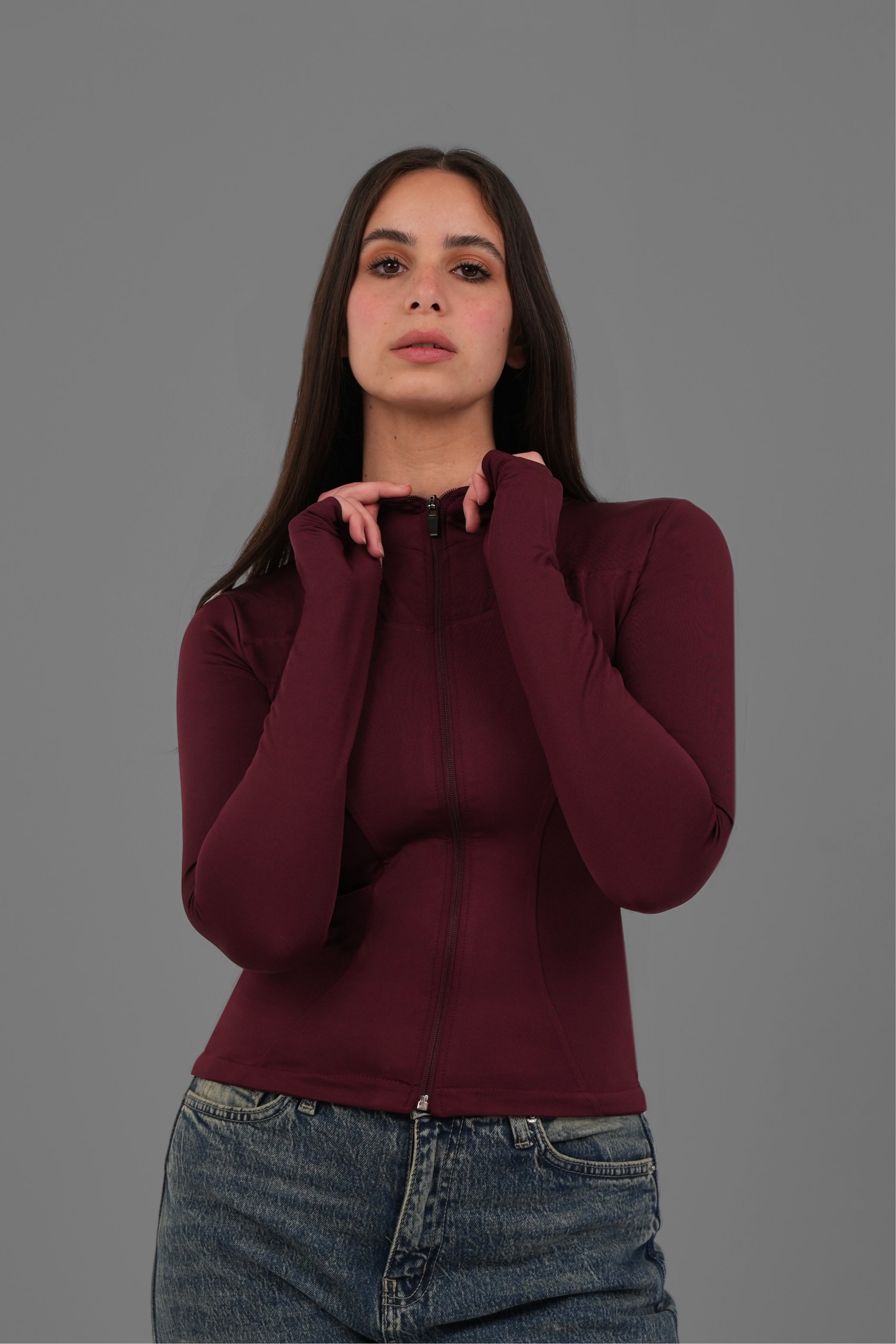 Women’s Burgundy Fitted Zip-Up Jacket with Thumbhole – Lightweight Soft Stretch Basic, Made in Egypt