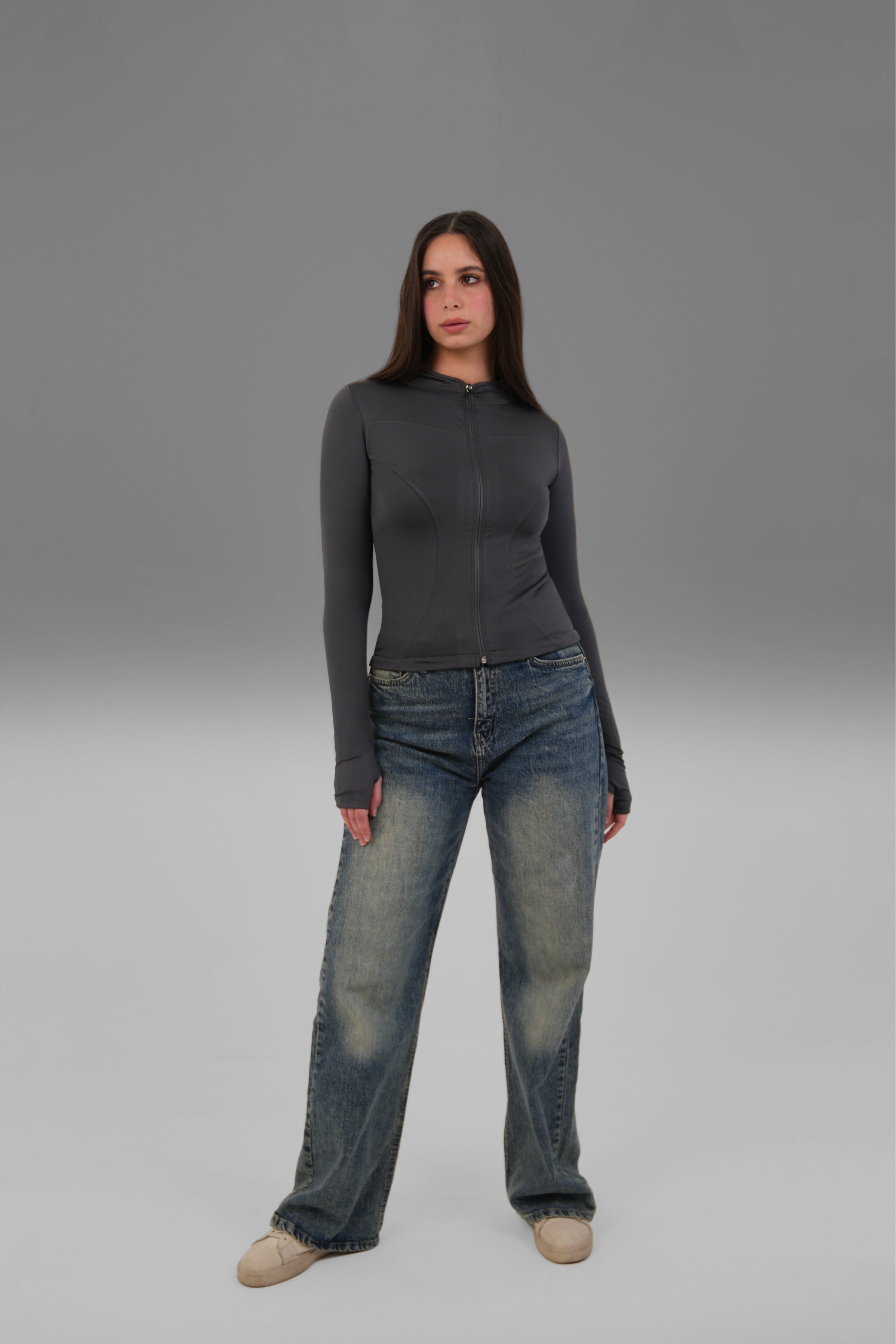 Women’s Charcoal Fitted Zip-Up Jacket with Thumbhole – Lightweight Soft Stretch Basic, Made in Egypt