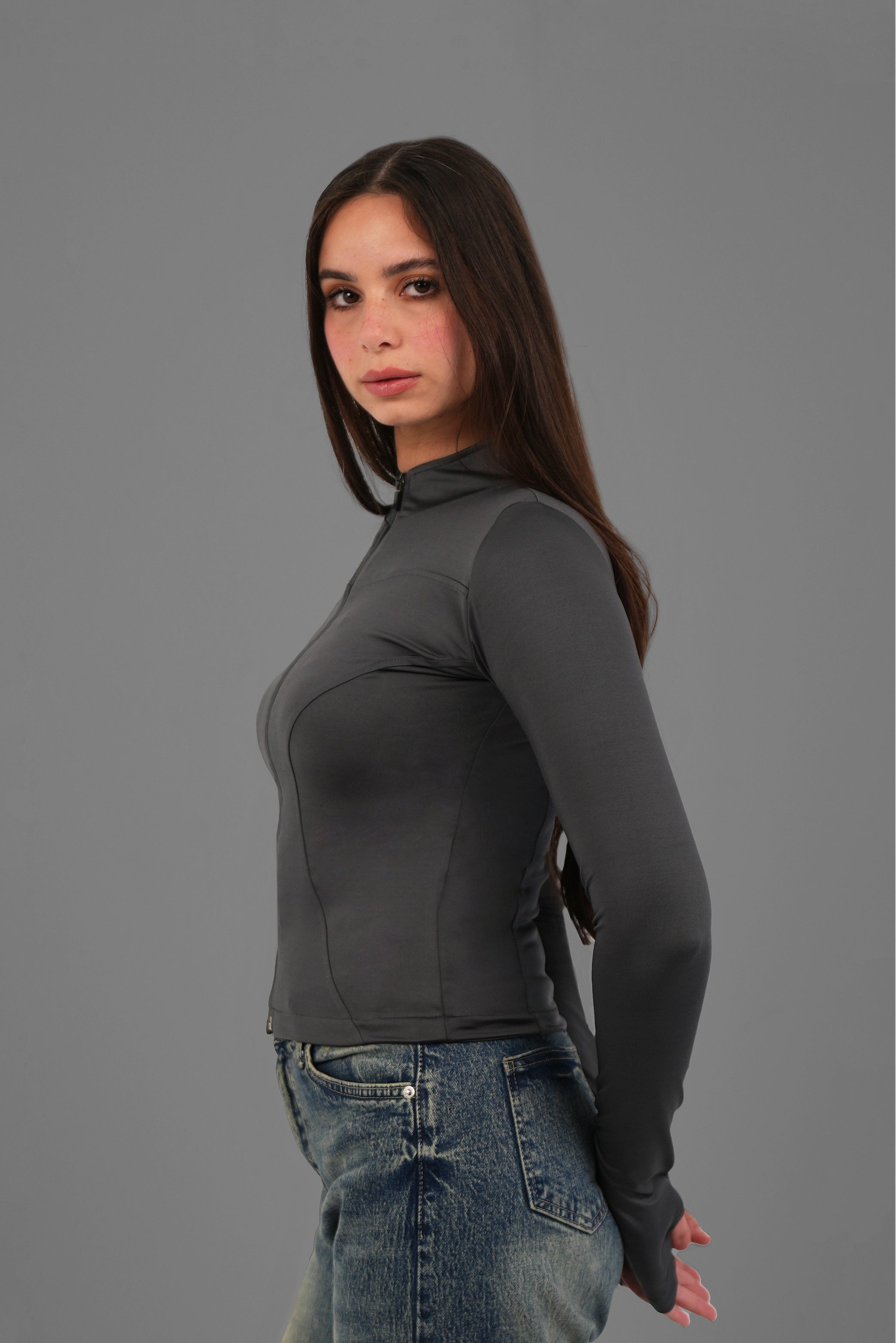 Women’s Charcoal Fitted Zip-Up Jacket with Thumbhole – Lightweight Soft Stretch Basic, Made in Egypt