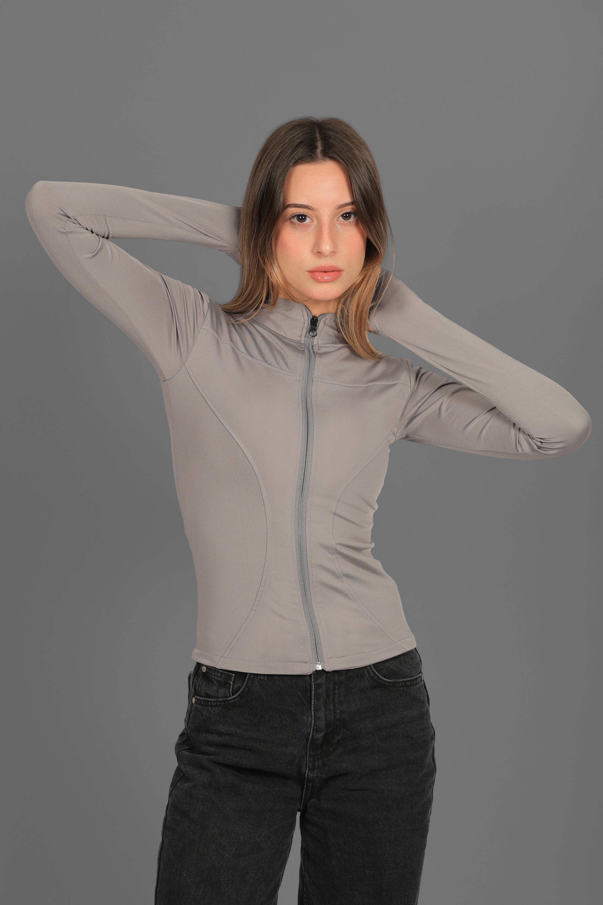 Women’s Grey Fitted Zip-Up Jacket with Thumbhole – Lightweight Soft Stretch Basic, Made in Egypt